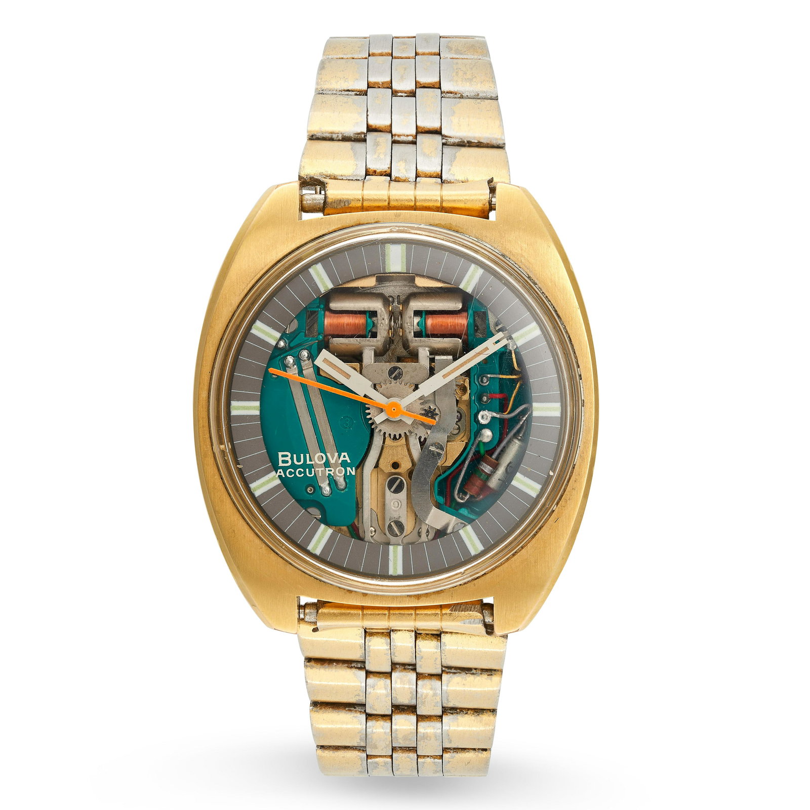 BULOVA, AN ACCUTRON SPACEVIEW WRISTWATCH in gold plate, a skeletonised dial, stainless steel case... (1 of 1)