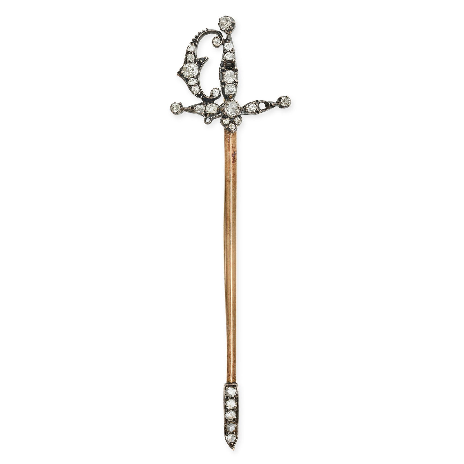 AN ANTIQUE VICTORIAN DIAMOND SWORD BROOCH in yellow gold and silver, set with old mine and rose cut (1 of 1)