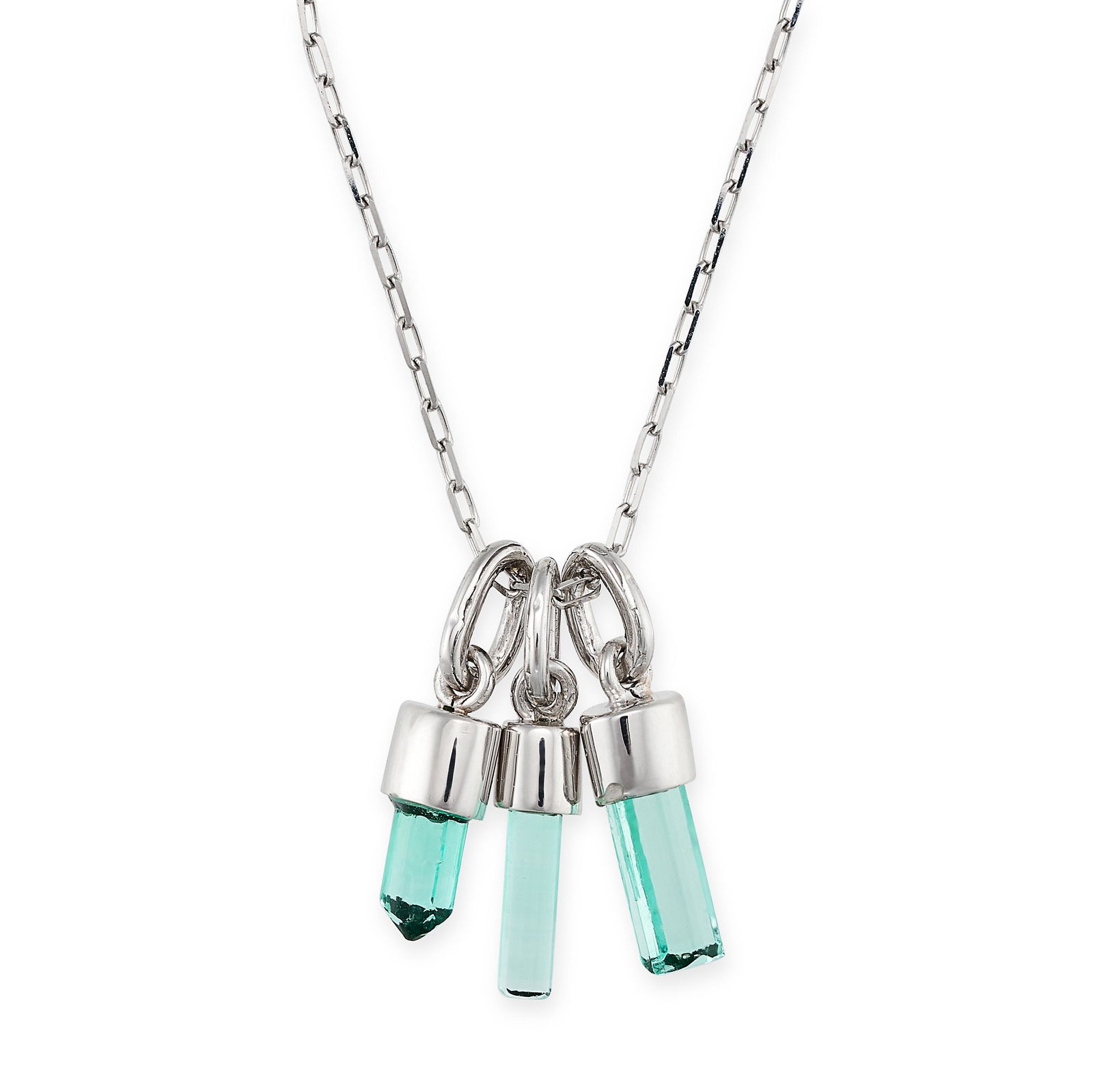AN EMERALD CRYSTAL NECKLACE in 18ct white gold, the white gold trace chain strung with three charms, (1 of 1)