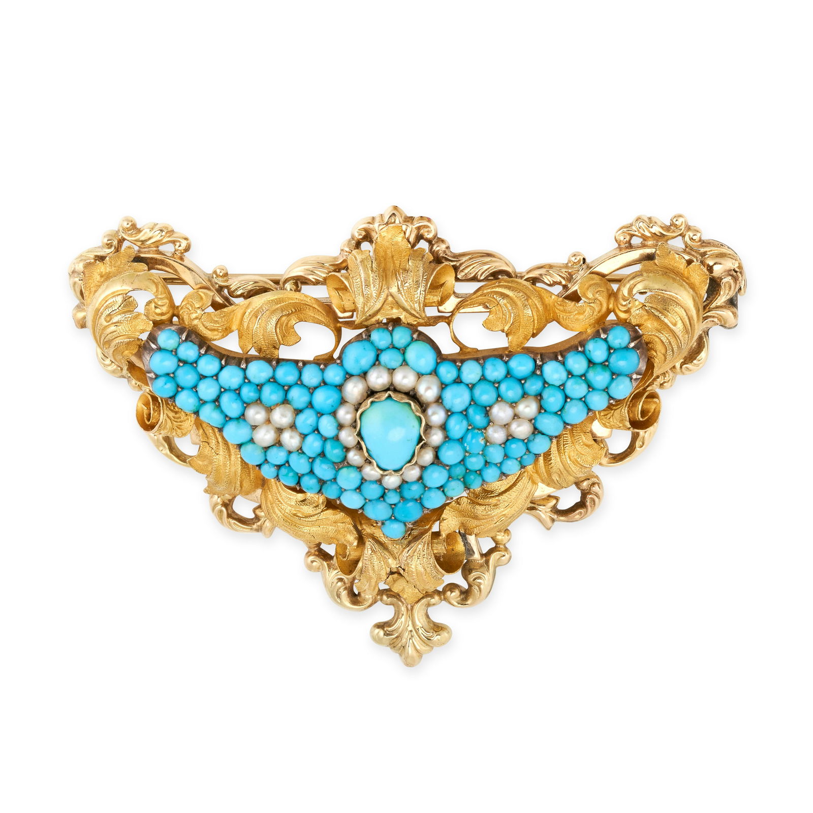 AN ANTIQUE TURQUOISE AND PEARL BROOCH, 19TH CENTURY in yellow gold and silver, the stylised body set (1 of 1)