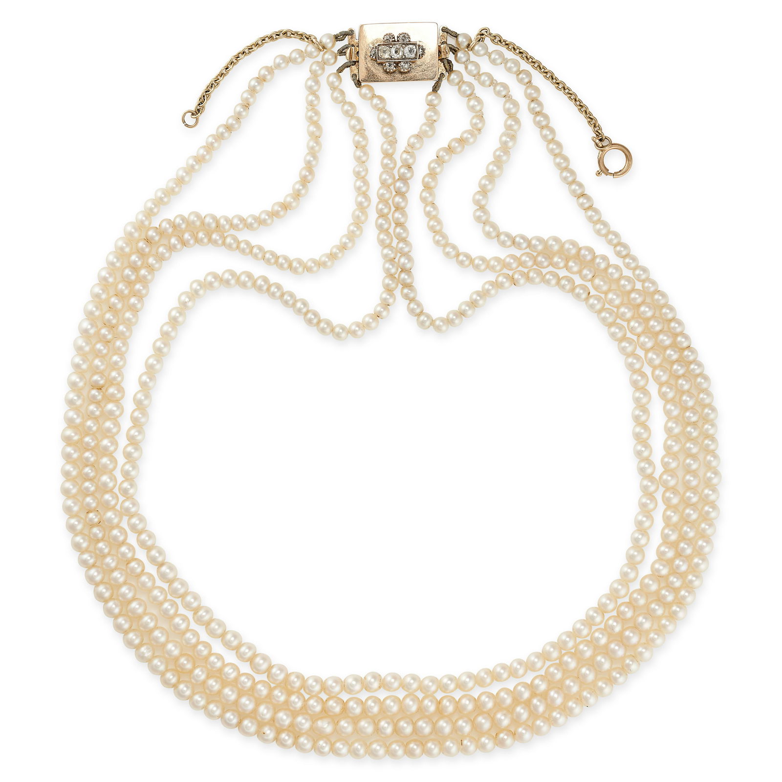 AN ANTIQUE NATURAL SALTWATER PEARL AND DIAMOND NECKLACE in yellow gold, comprising four graduated (1 of 1)