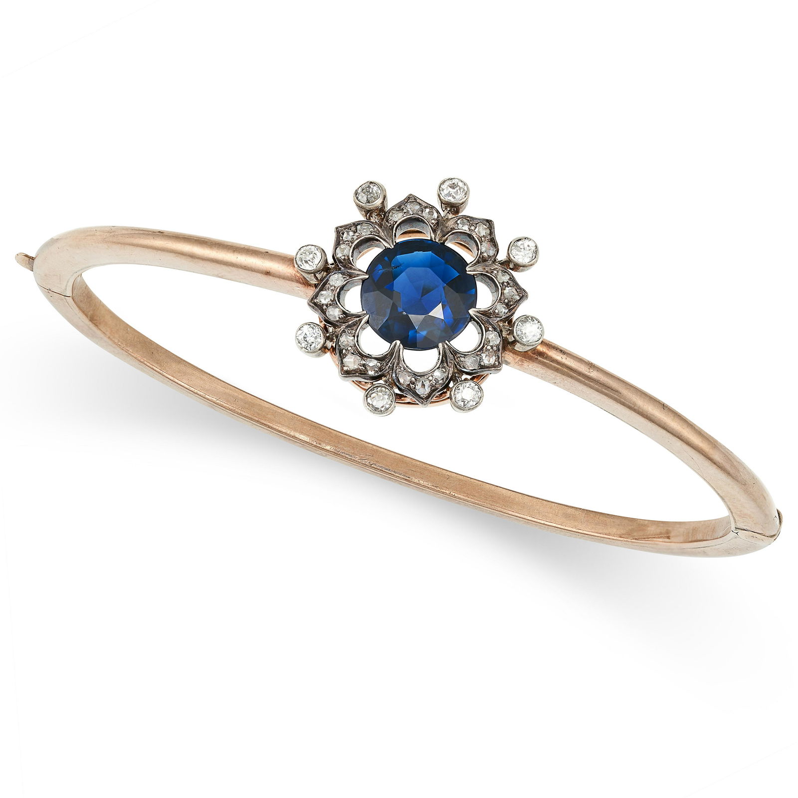 AN ANTIQUE SAPPHIRE AND DIAMOND BANGLE in yellow gold,  the hinged bangle set with a round cut (1 of 1)