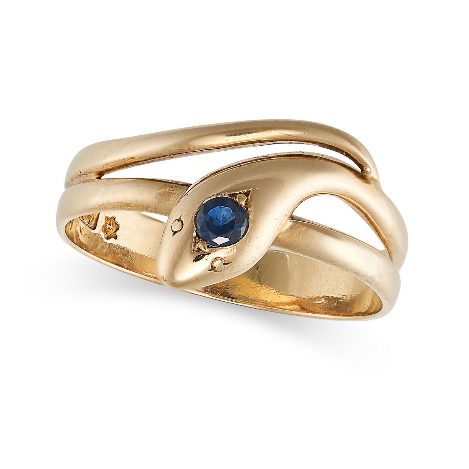 A SAPPHIRE SNAKE RING in 14ct yellow gold, designed as a snake coiled around itself, set with a (1 of 1)