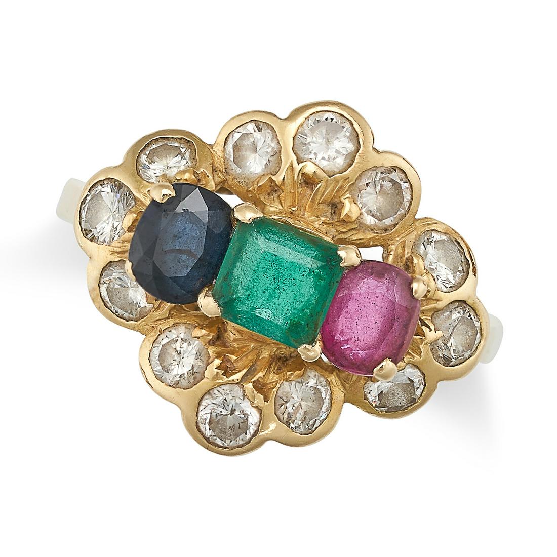 A SAPPHIRE, EMERALD, RUBY AND DIAMOND RING in 18ct yellow gold, set with a square step cut emerald, (1 of 1)