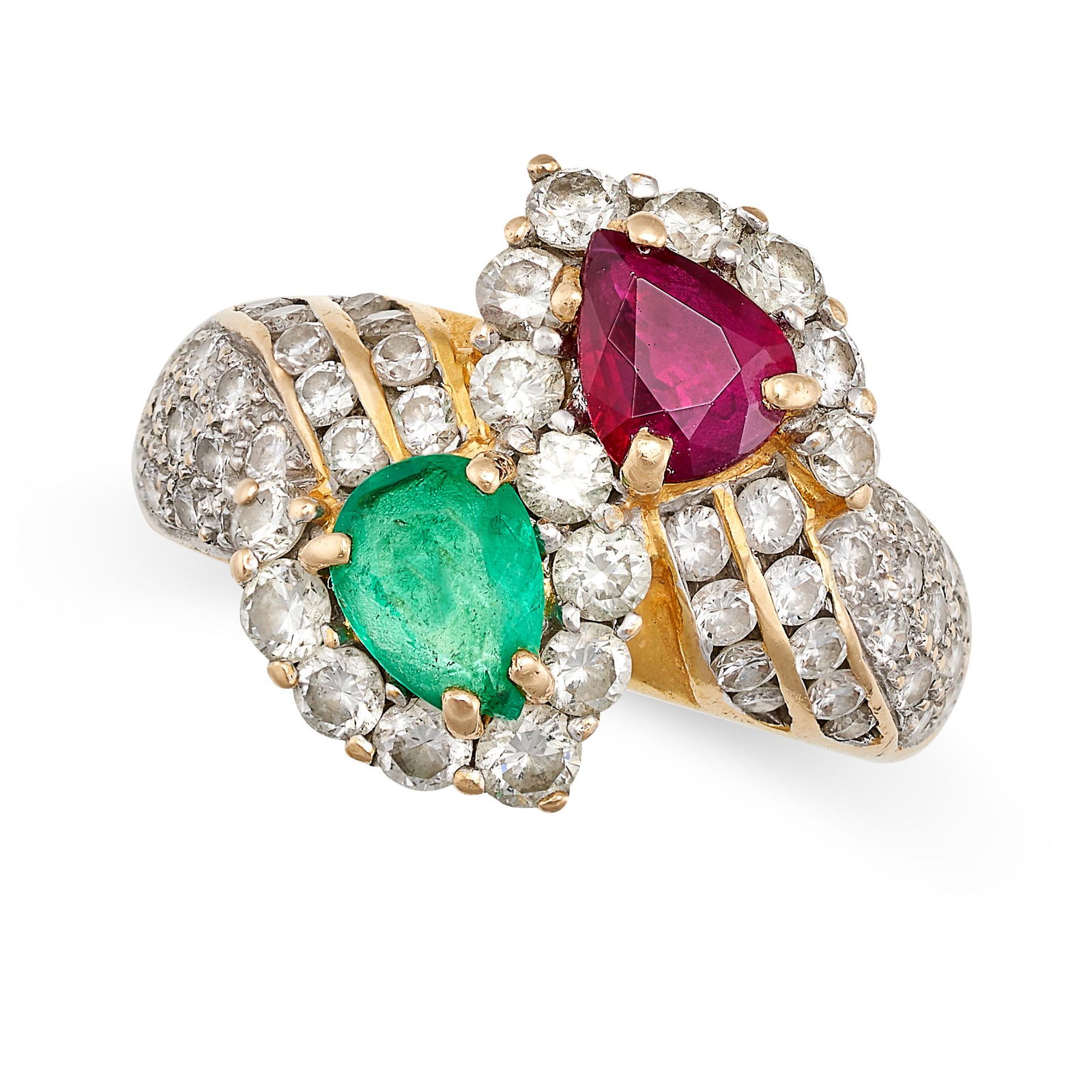 A VINTAGE RUBY, EMERALD AND DIAMOND TOI ET MOI RING in yellow gold, set with a pear cut ruby of (1 of 2)