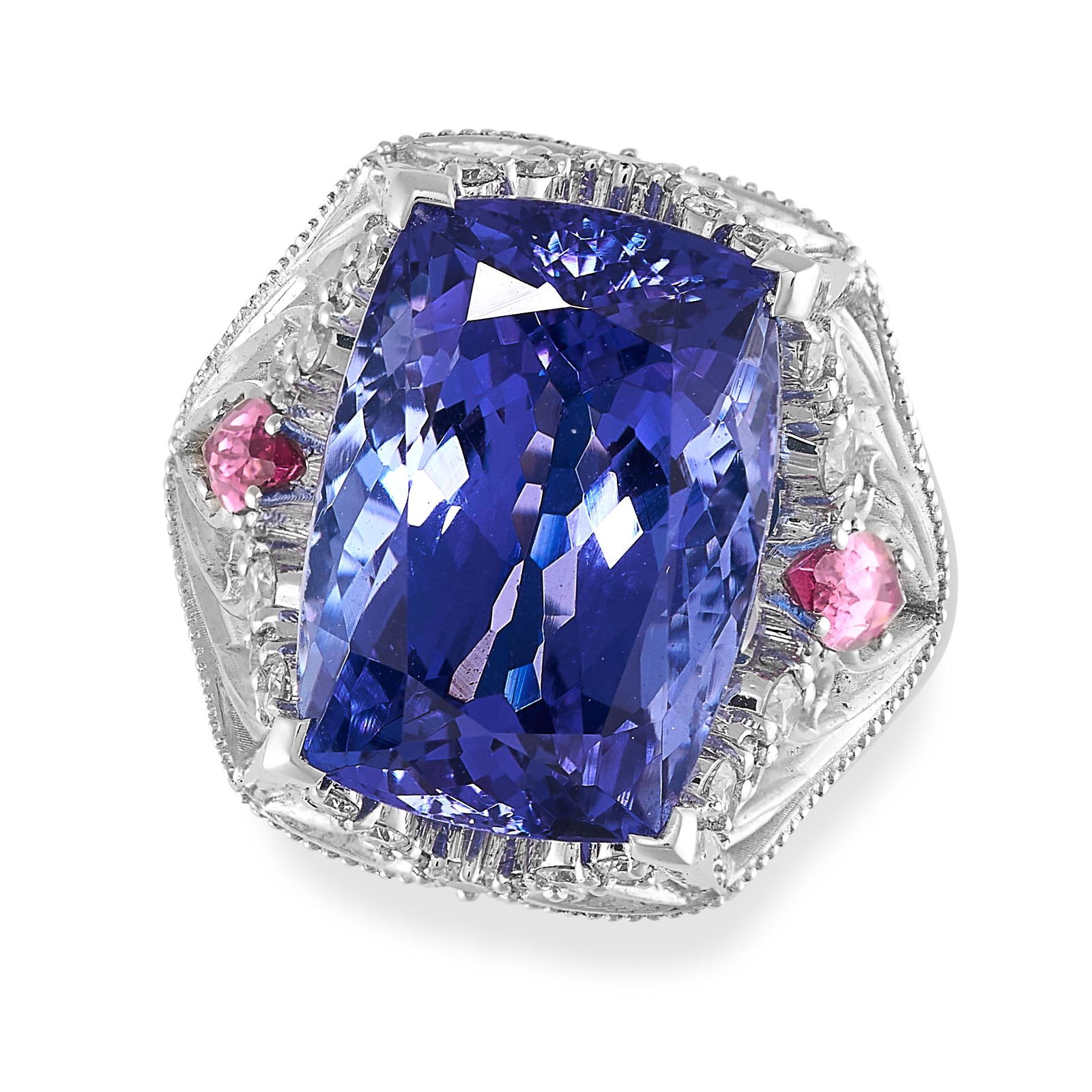 A TANZANITE, PINK TOURMALINE AND DIAMOND DRESS RING set with a cushion shaped tanzanite of 11.28 (1 of 2)