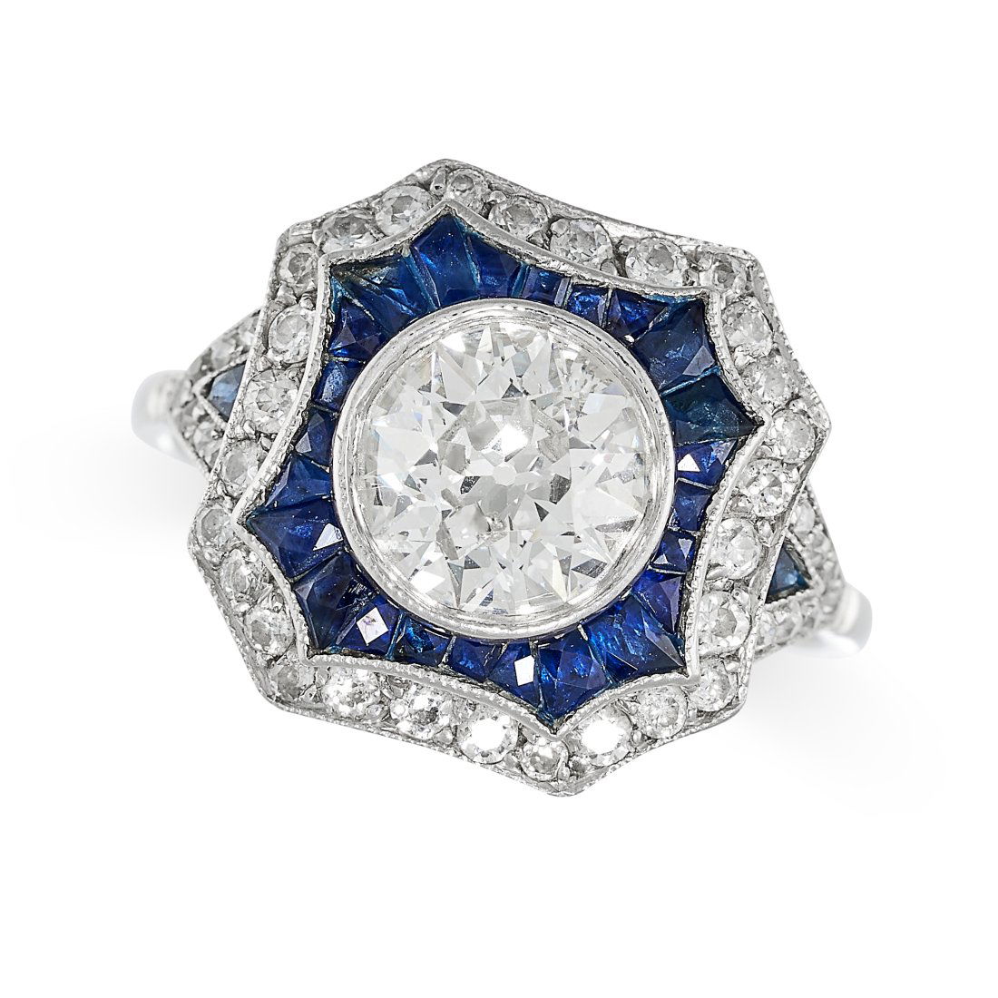 AN ART DECO SAPPHIRE AND DIAMOND DRESS RING in platinum, set with an old cut diamond of (1 of 2)