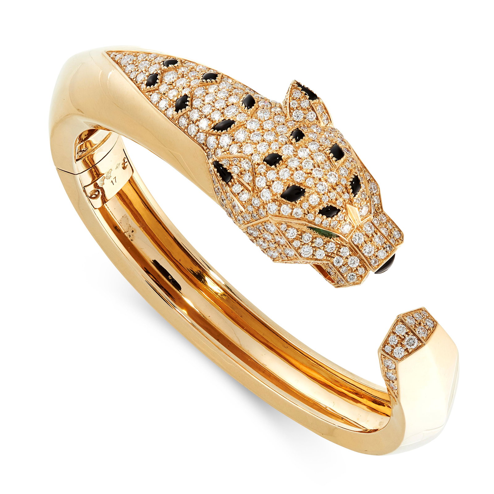 A DIAMOND, ONYX AND EMERALD PANTHER BANGLE in 18ct yellow gold, designed as a coiled panther, set (1 of 2)