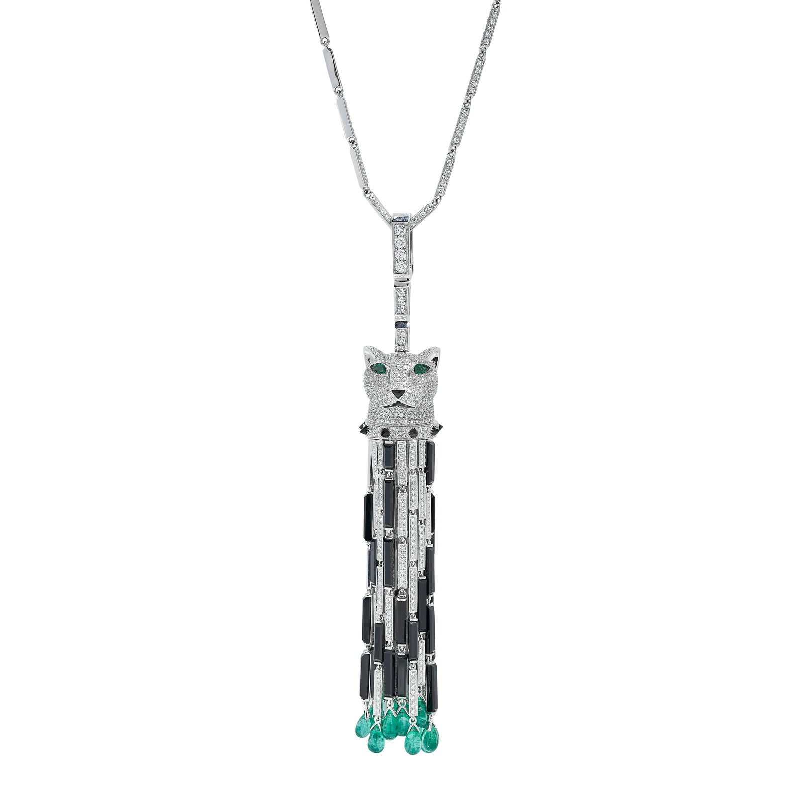 A DIAMOND, ONYX AND EMERALD PANTHER PENDANT NECKLACE in 18ct white gold, designed as a panthers (1 of 2)