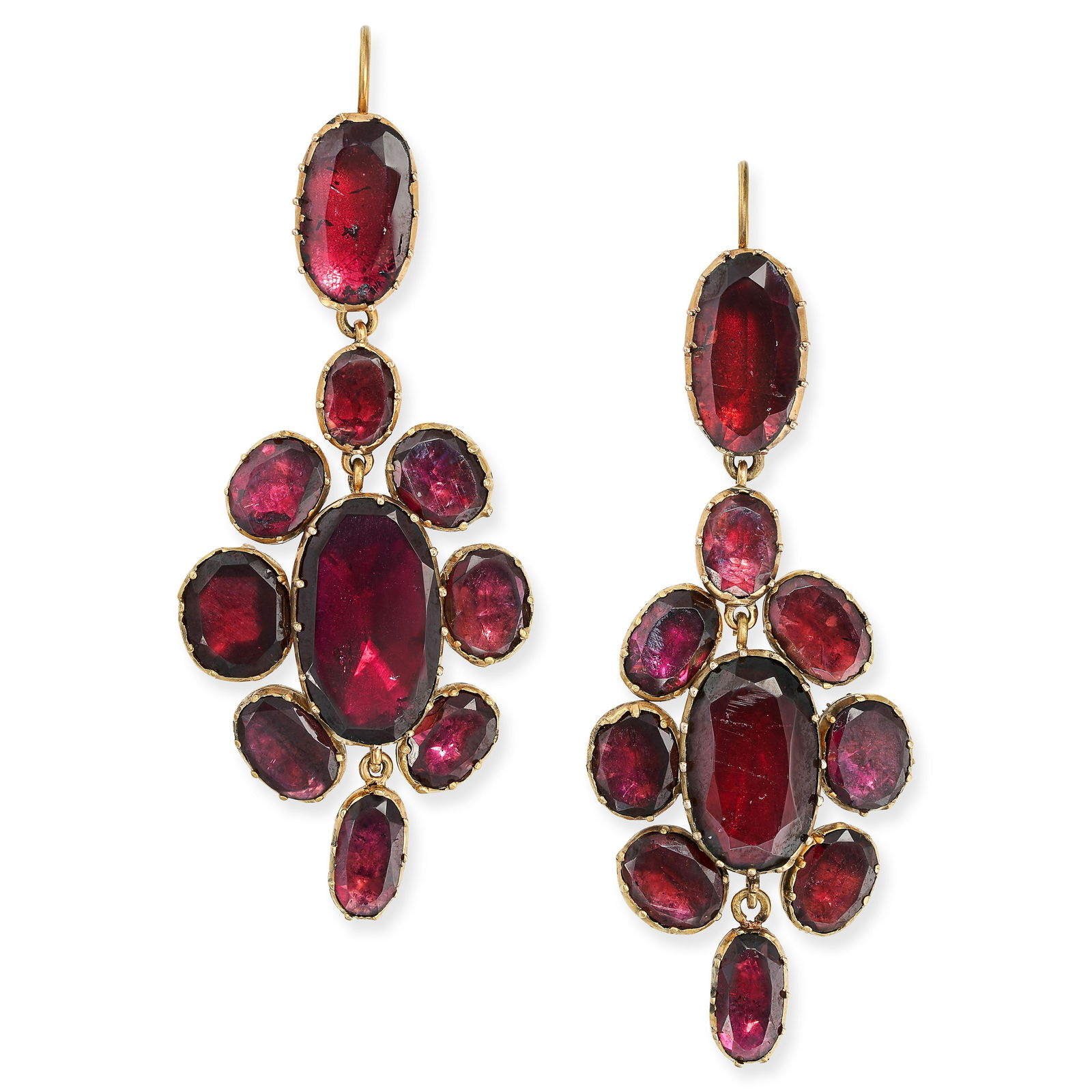 A PAIR OF ANTIQUE GARNET DROP EARRINGS in yellow gold, each set with an oval cut garnet suspending a (1 of 1)