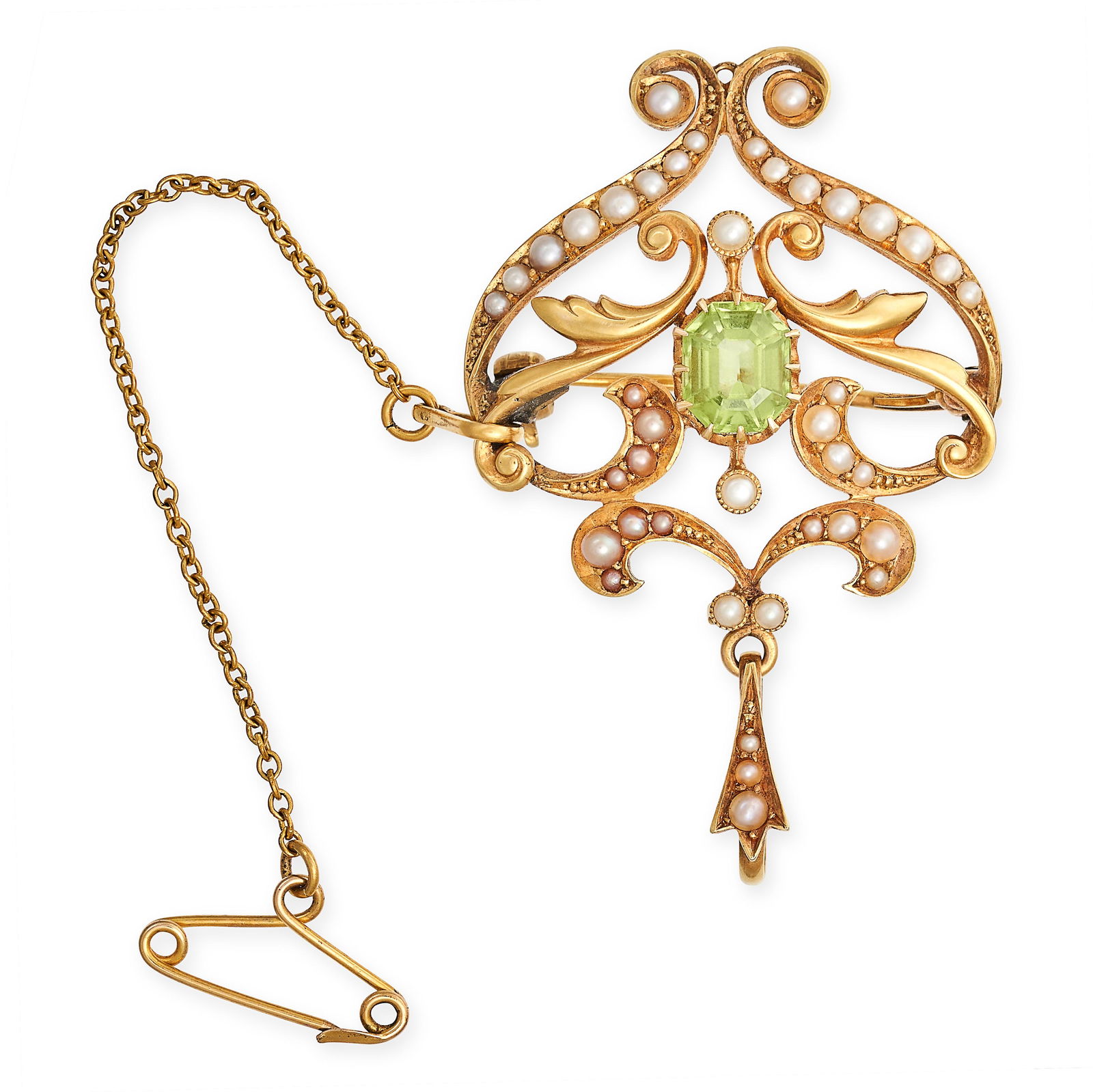 AN ANTIQUE EDWARDIAN PERIDOT AND PEARL BROOCH / PENDANT in 15ct yellow gold, set with a step cut (1 of 1)