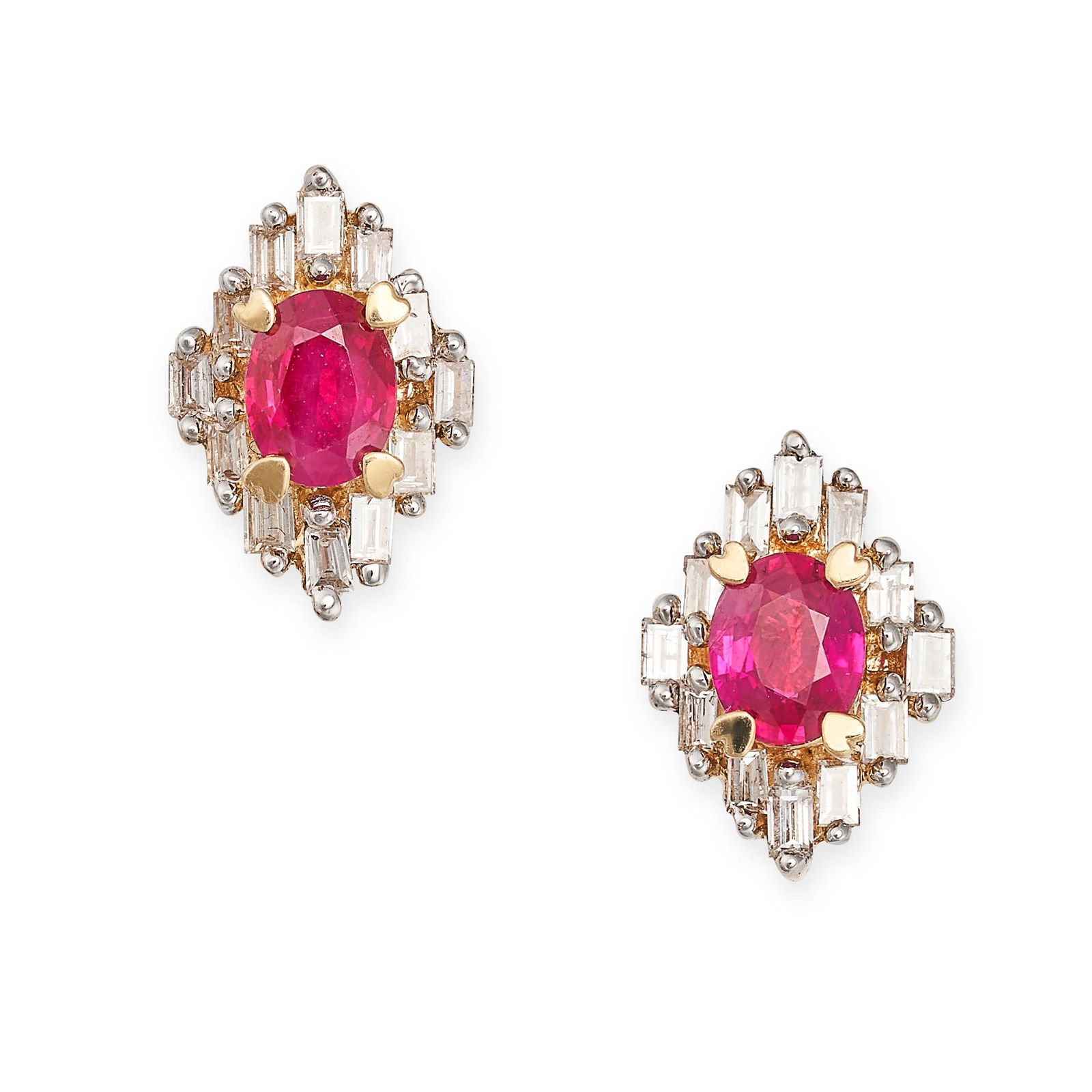 A PAIR OF SYNTHETIC RUBY AND DIAMOND EARRINGS in 14ct yellow gold, each set with an oval cut (1 of 1)