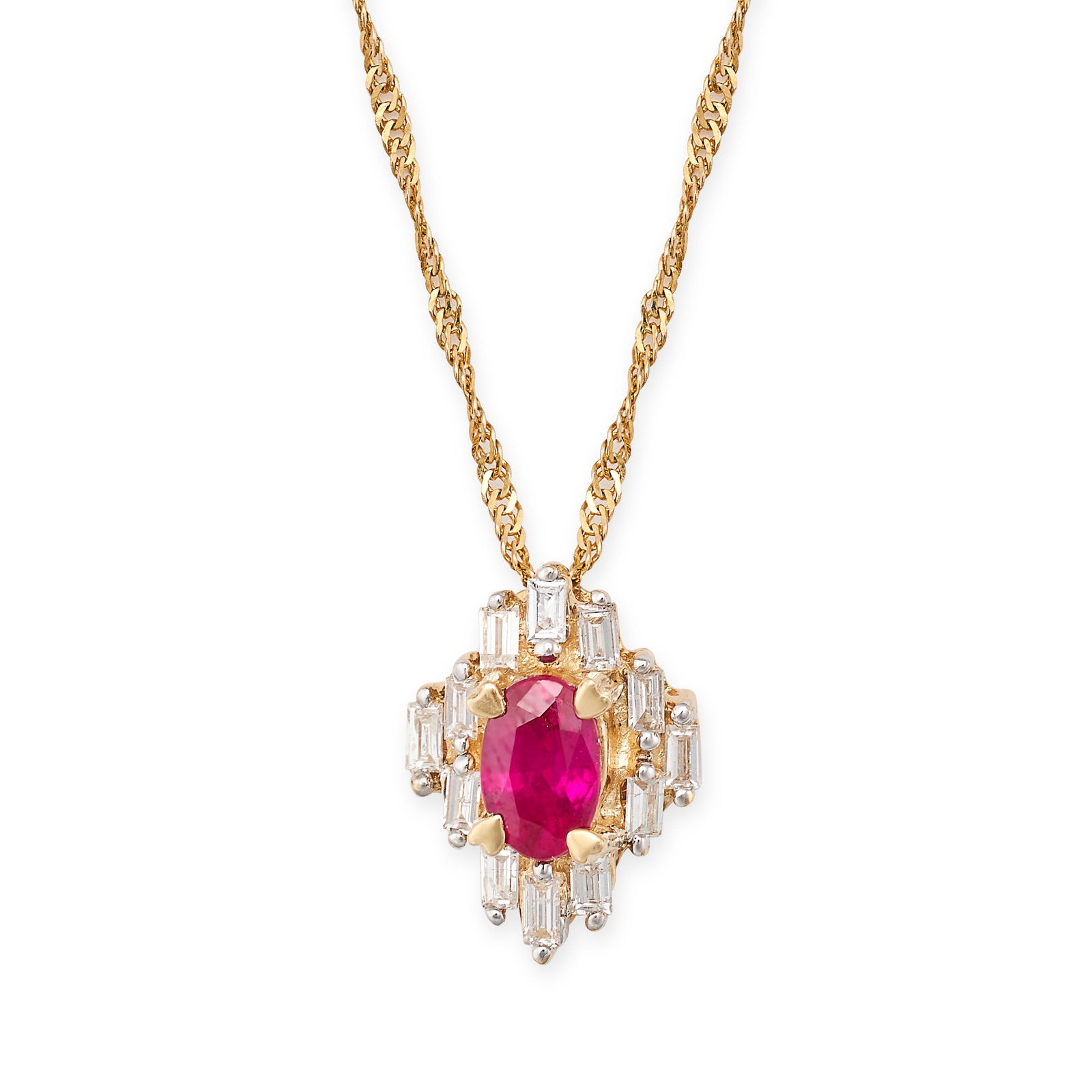 A SYNTHETIC RUBY AND DIAMOND PENDANT NECKLACE in 14ct yellow gold, the pendant set with an oval cut (1 of 1)