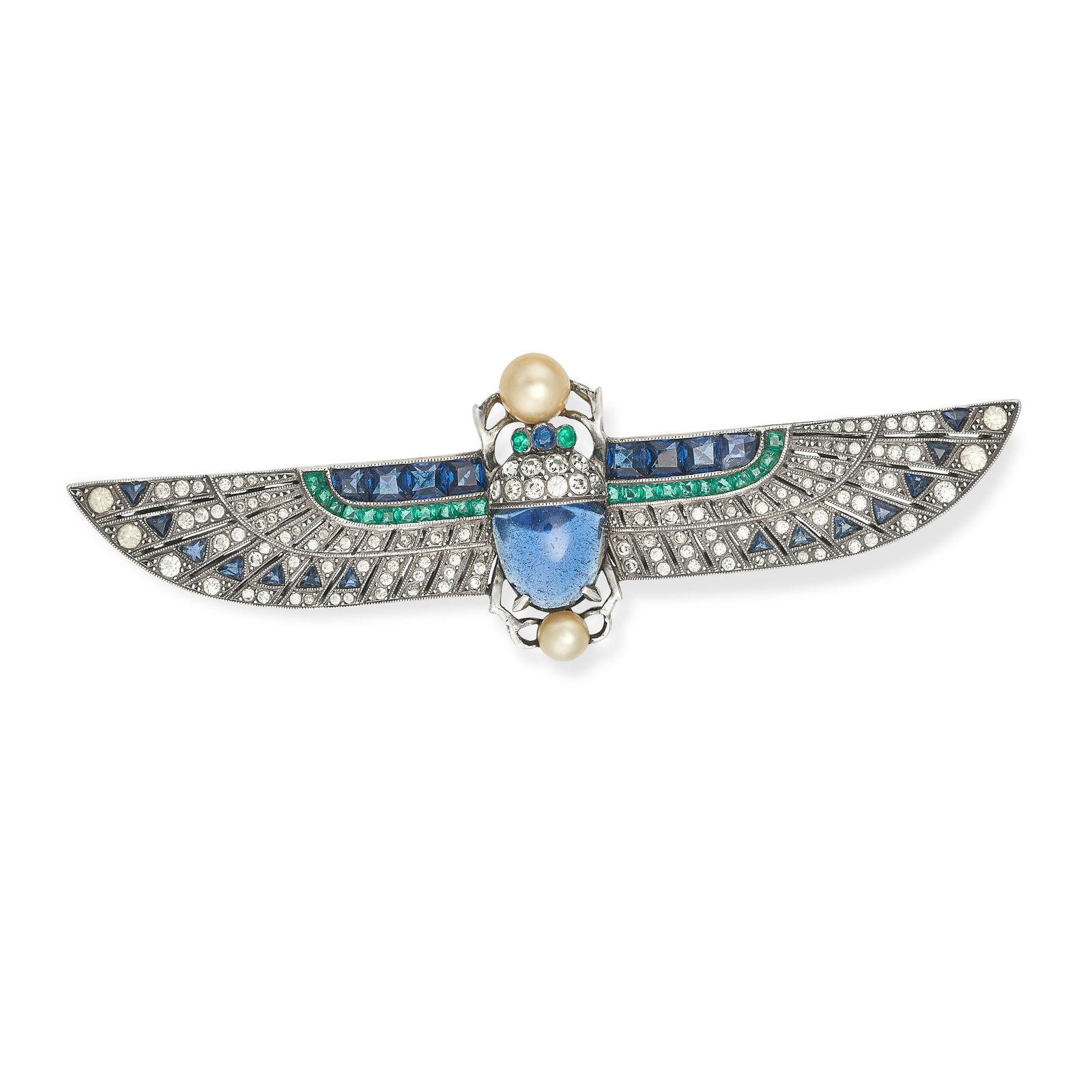 AN ANTIQUE EGYPTIAN REVIVAL GEMSET SCARAB BROOCH, EARLY 20TH CENTURY in silver, designed as a winged (1 of 1)