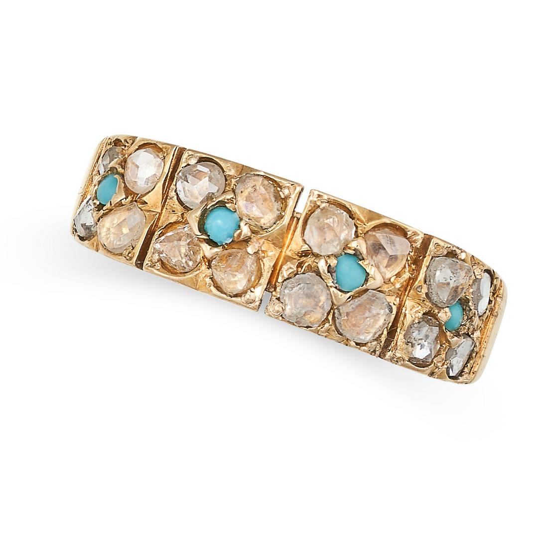 AN ANTIQUE TURQUOISE AND DIAMOND RING in 15ct yellow gold, the tapering band set with four cabochon (1 of 1)