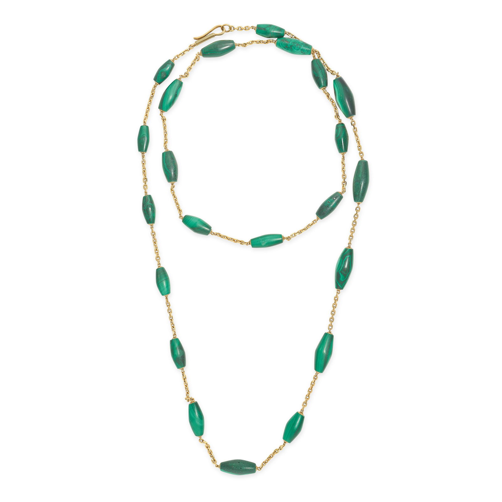 A VINTAGE PORTUGUESE MALACHITE SAUTOIR NECKLACE in high carat yellow gold, comprising a series of (1 of 1)