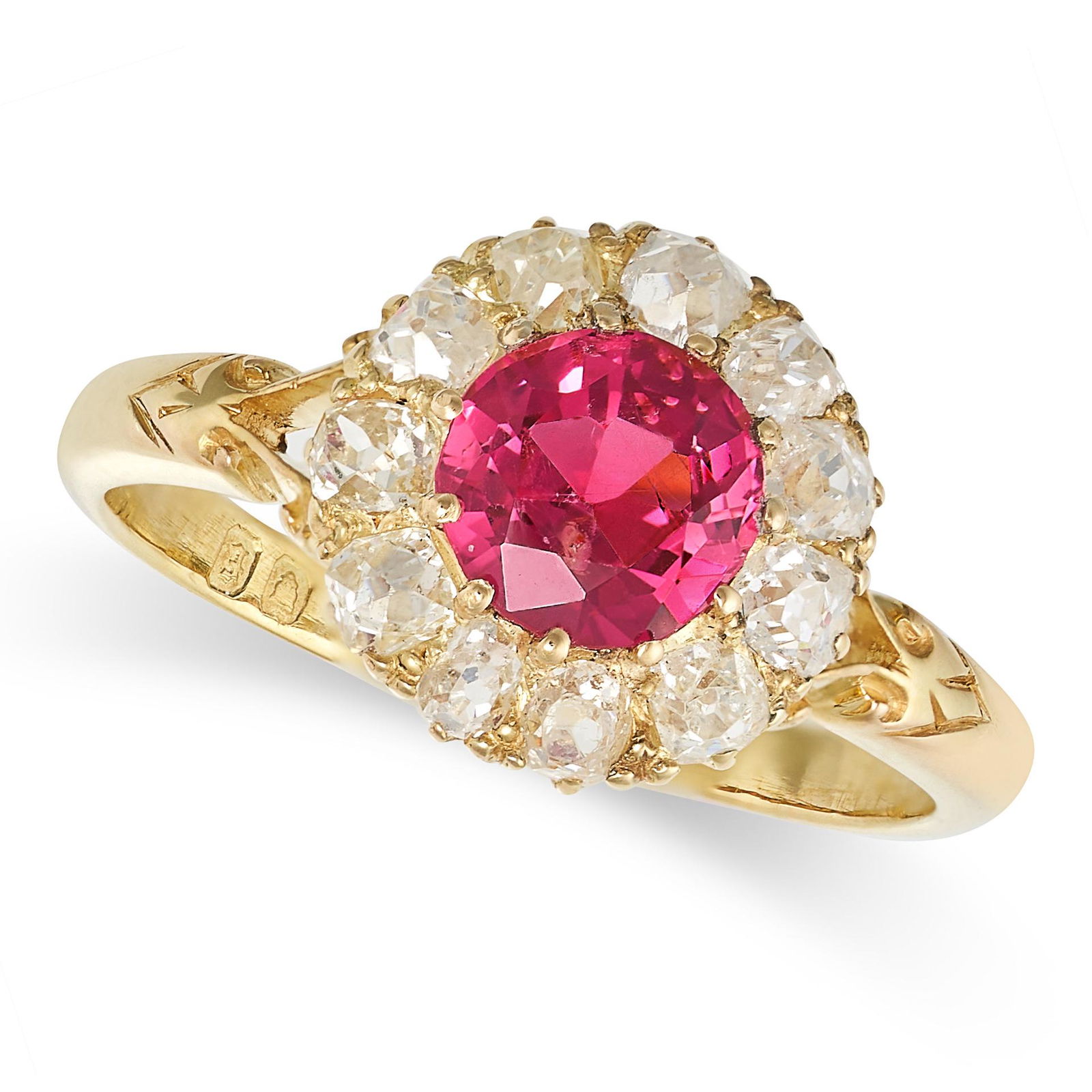 AN ANTIQUE PINK SPINEL AND DIAMOND CLUSTER RING in 18ct yellow gold, set with a round cut spinel of (1 of 1)