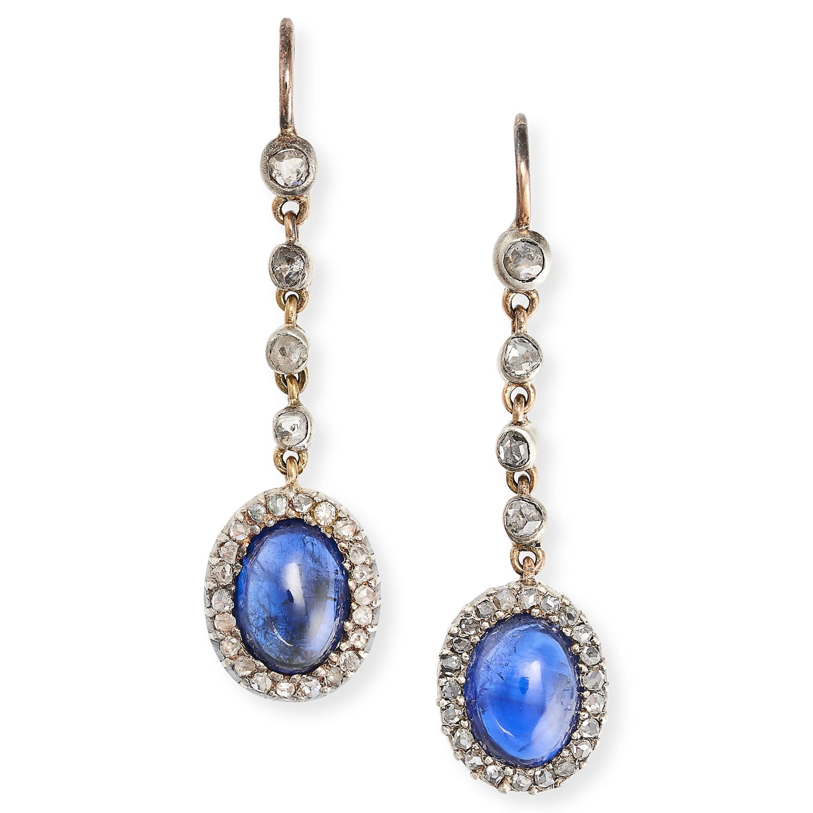 A PAIR OF ANTIQUE SAPPHIRE AND DIAMOND DROP EARRINGS in yellow gold, set with a row of rose cut d...: A PAIR OF ANTIQUE SAPPHIRE AND DIAMOND DROP EARRINGS in yellow gold, set with a row of rose cut diamonds suspending a cabochon sapphire in a cluster of rose cut diamonds, the sapphires both totalling