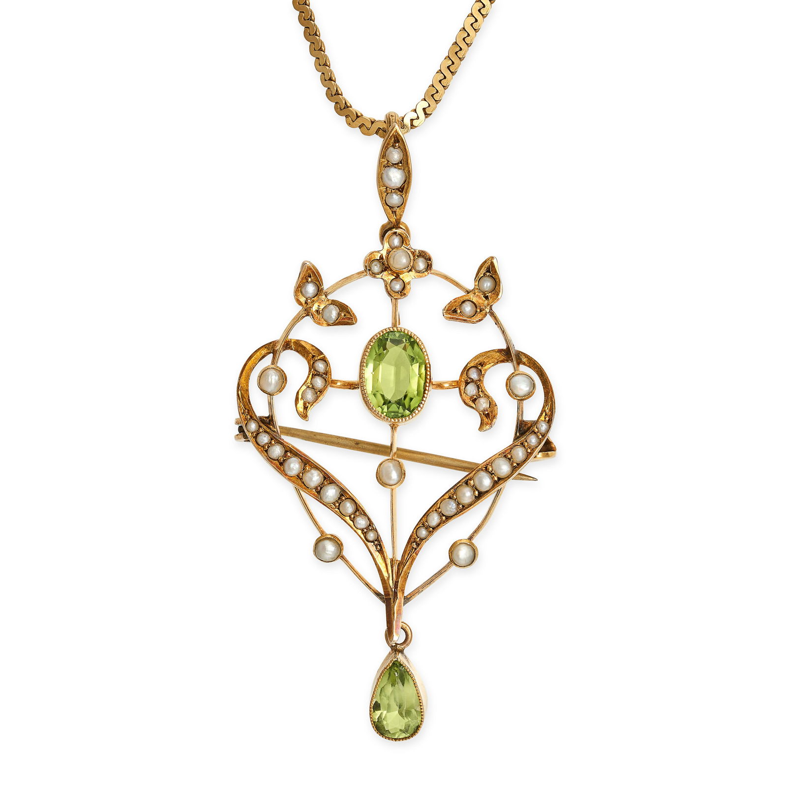 AN ANTIQUE EDWARDIAN PERIDOT AND SEED PEARL BROOCH / PENDANT NECKLACE in 9ct yellow gold, the scr... (1 of 1)