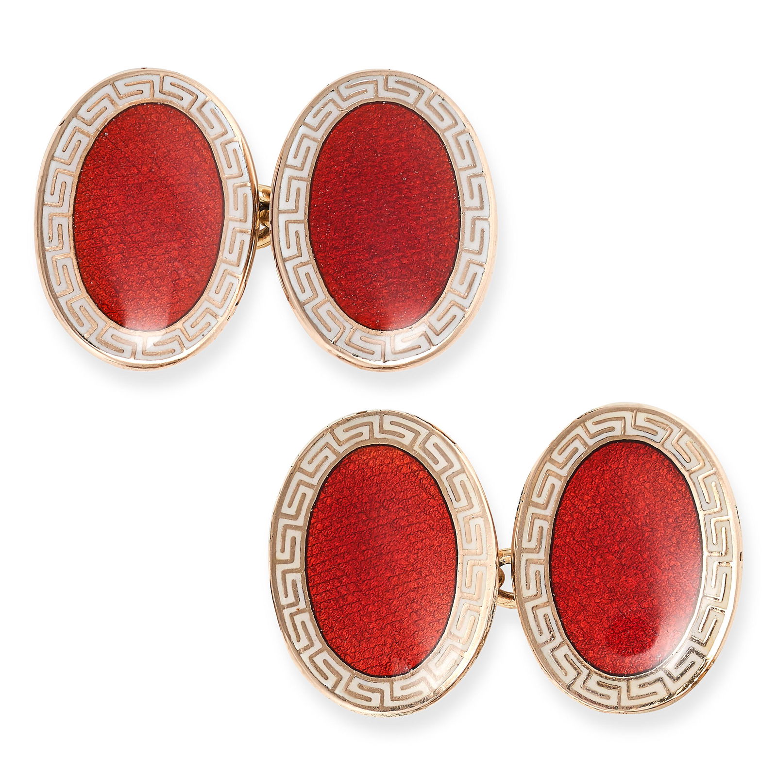 A PAIR OF ANTIQUE ENAMEL CUFFLINKS in 9ct yellow gold, the oval face set with orange guilloche ename (1 of 1)
