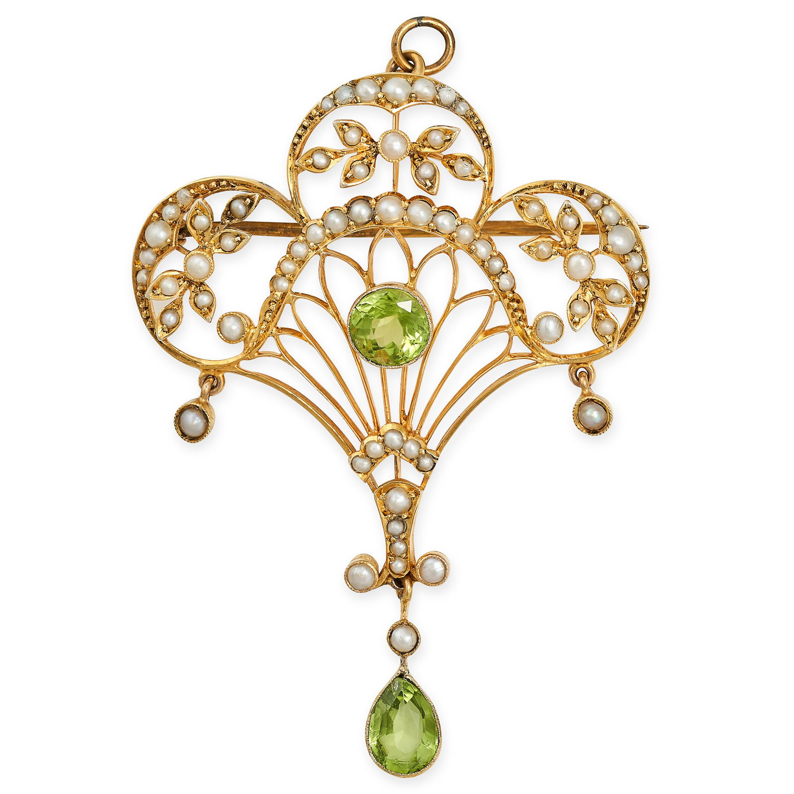 AN ANTIQUE EDWARDIAN PERIDOT AND PEARL BROOCH / PENDANT in 9ct yellow gold, the scrolling openwor... (1 of 1)