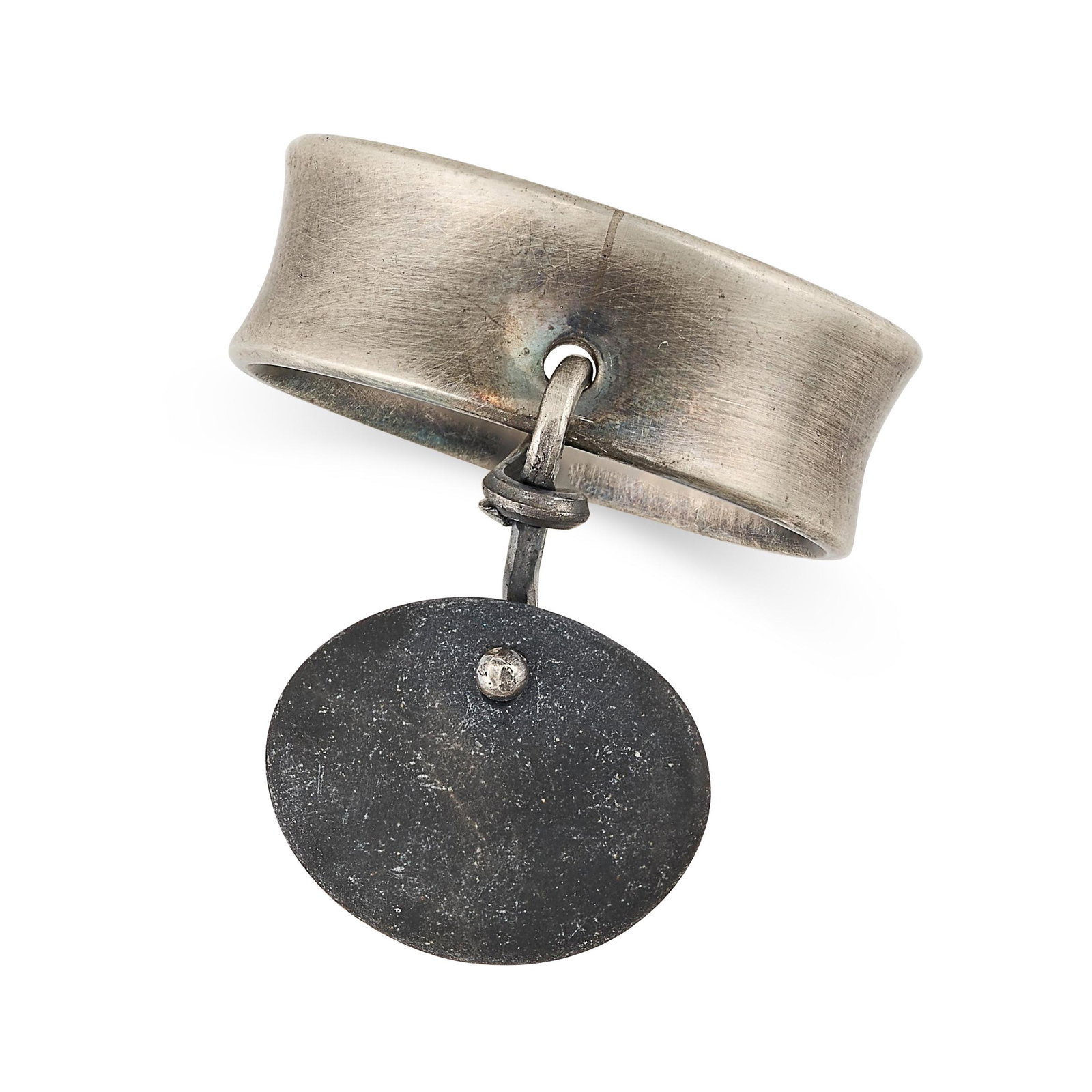 GEORG JENSEN, A PEBBLE RING in silver, designed by Vivianna Torun, the stylised silver band suspe...: GEORG JENSEN, A PEBBLE RING in silver, designed by Vivianna Torun, the stylised silver band suspending an articulated pebble, signed Torun, stamped Made in France, size Q / 8, 6.7g.