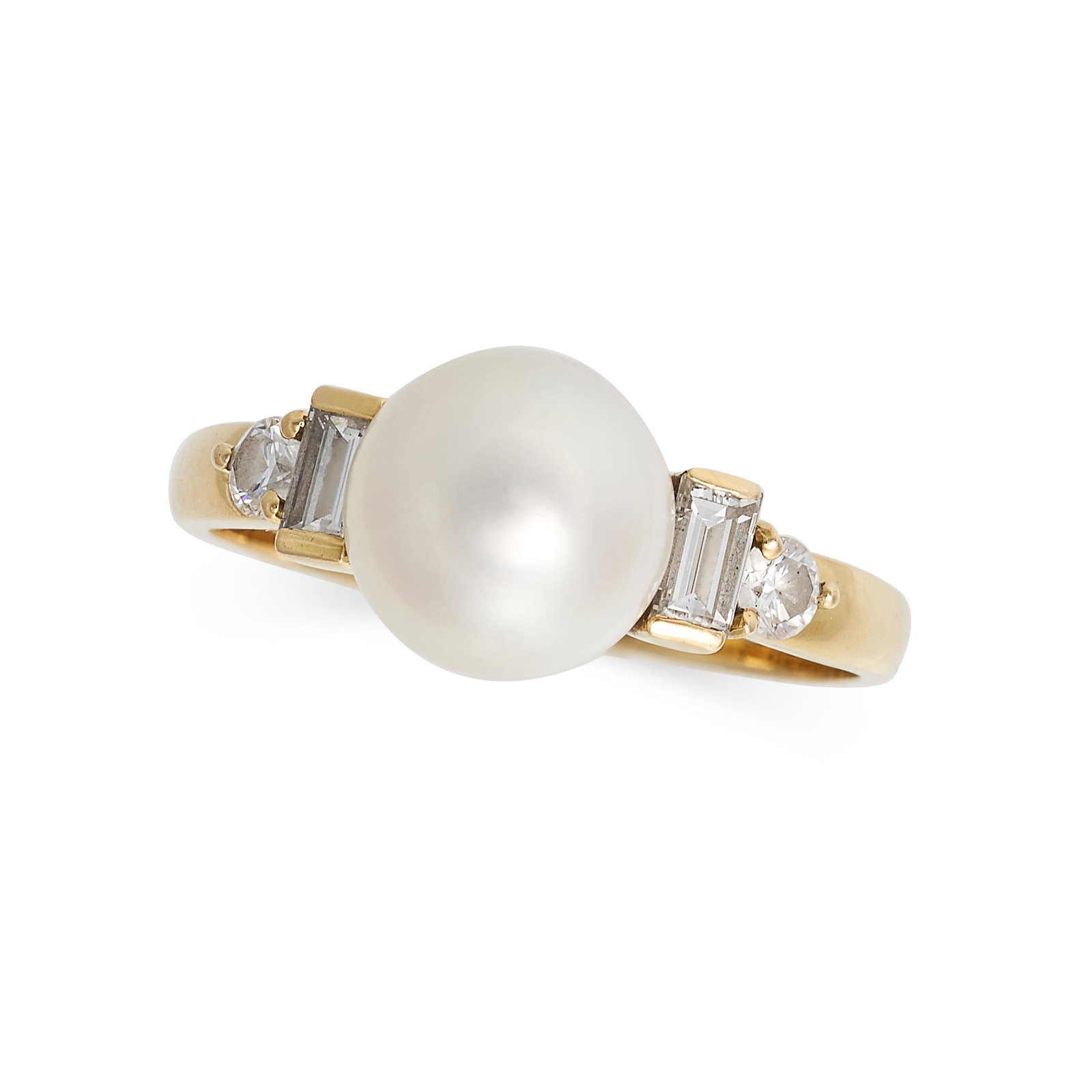 A PEARL AND DIAMOND DRESS RING in 18ct yellow gold, set with a pearl of 8.3mm, the shoulders set: A PEARL AND DIAMOND DRESS RING in 18ct yellow gold, set with a pearl of 8.3mm, the shoulders set with baguette and round brilliant cut diamonds, stamped 750, size M1/2 / 6.5, 3.7g. 