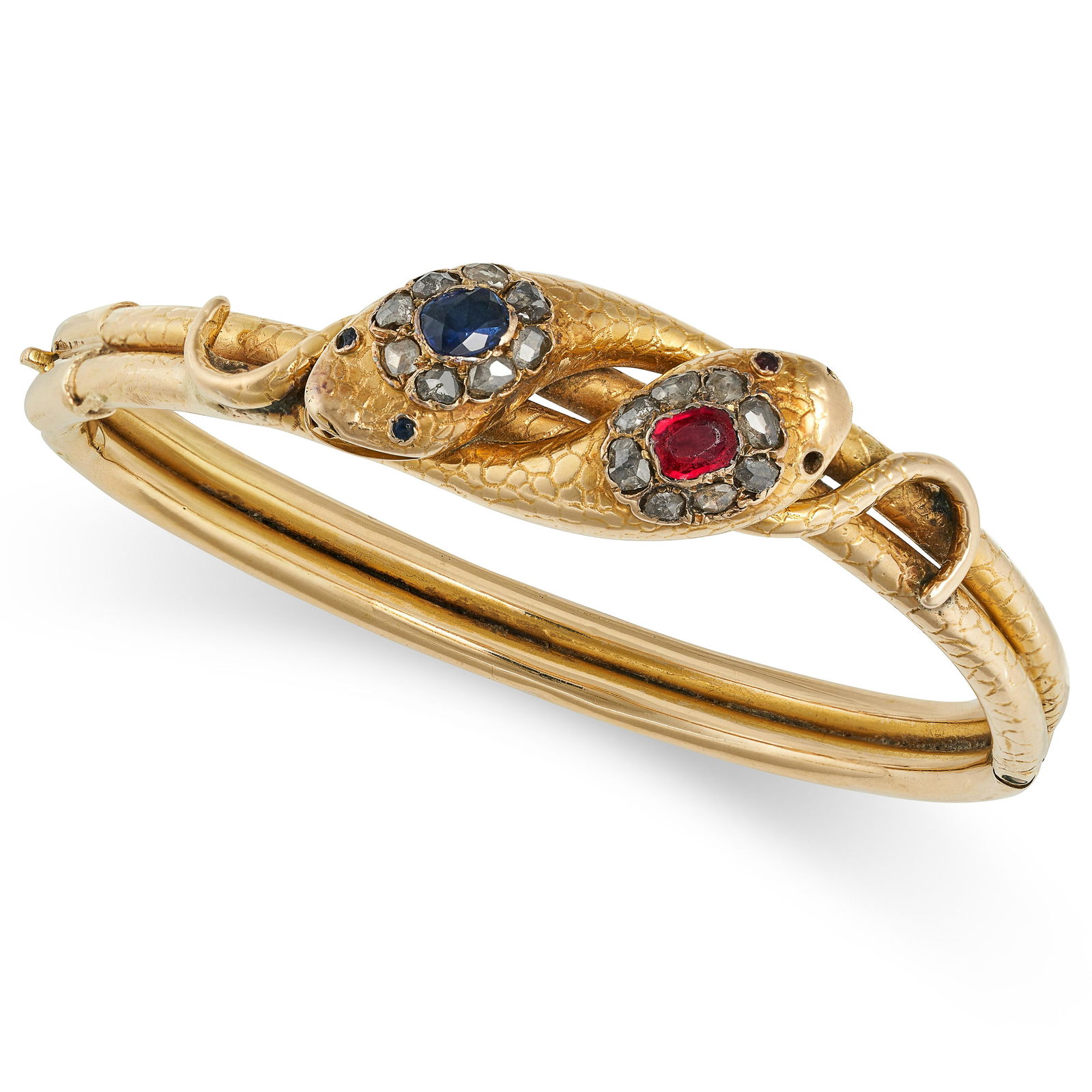 AN ANTIQUE VICTORIAN SAPPHIRE, GEMSTONE AND DIAMOND SNAKE BANGLE in yellow gold, designed as two coi (1 of 1)