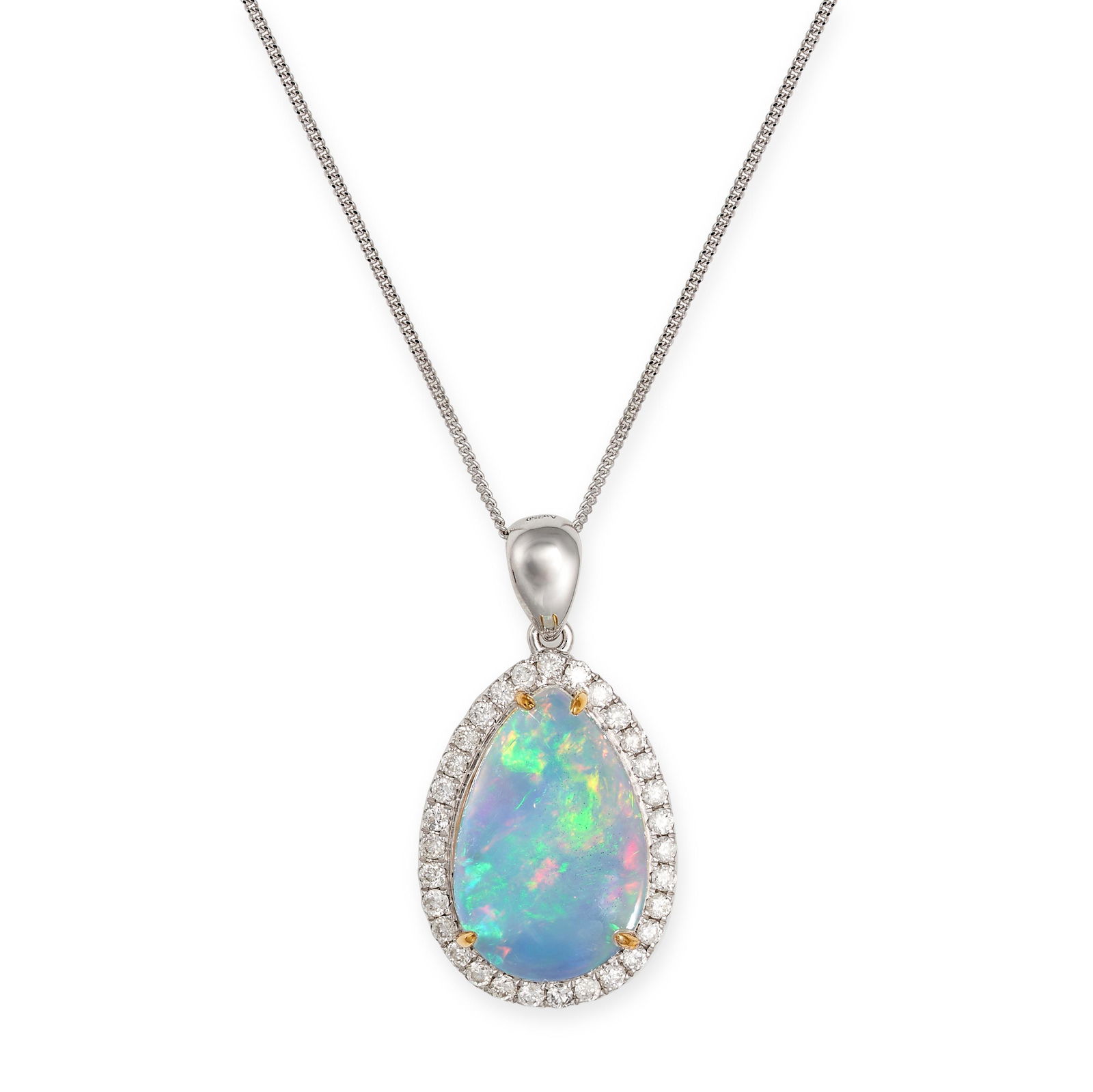 AN OPAL AND DIAMOND PENDANT NECKLACE in 18ct white gold, set with a pear shaped cabochon opal in a (1 of 1)