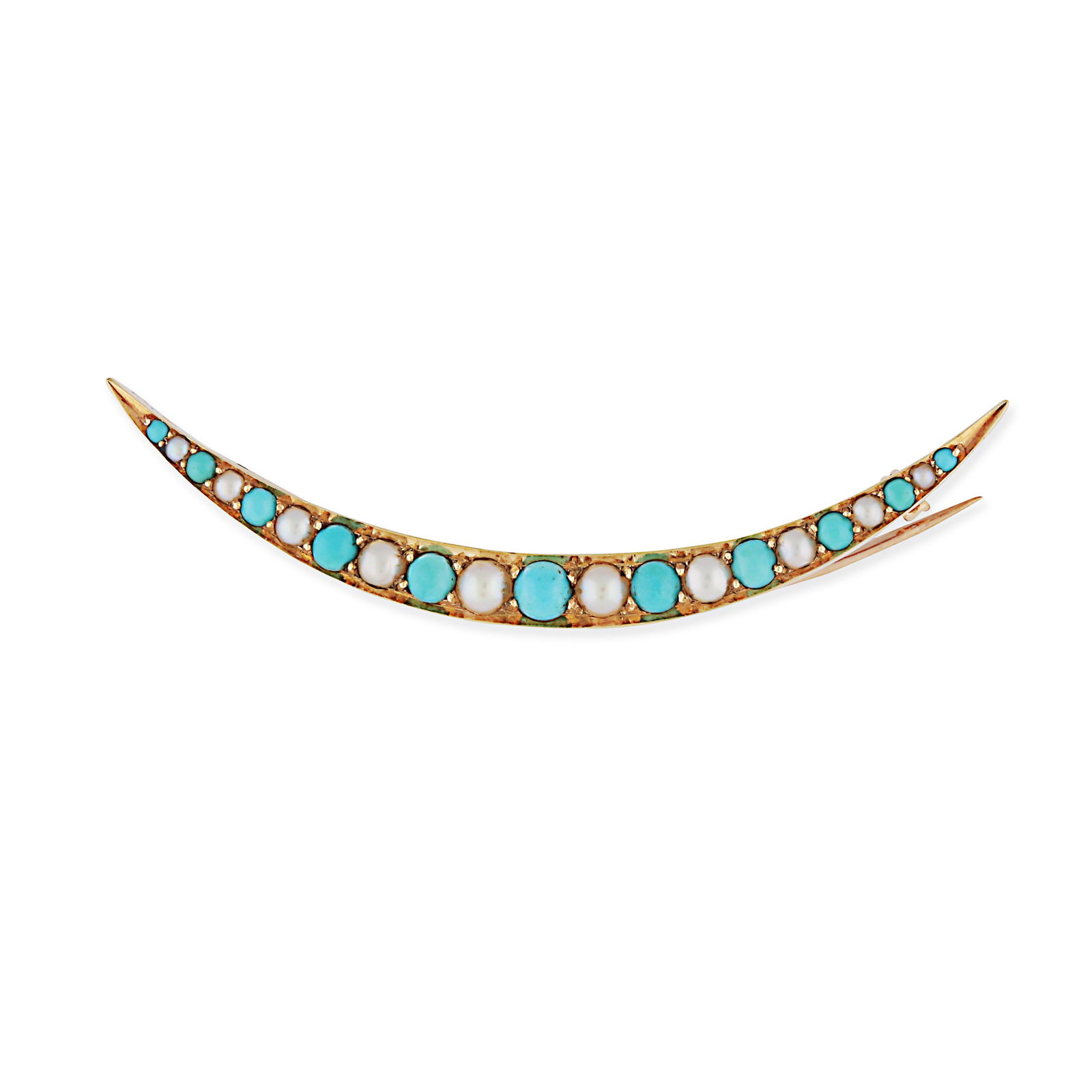 AN ANTIQUE TURQUOISE AND PEARL CRESCENT MOON BROOCH in yellow gold, designed as a crescent moon s... (1 of 1)