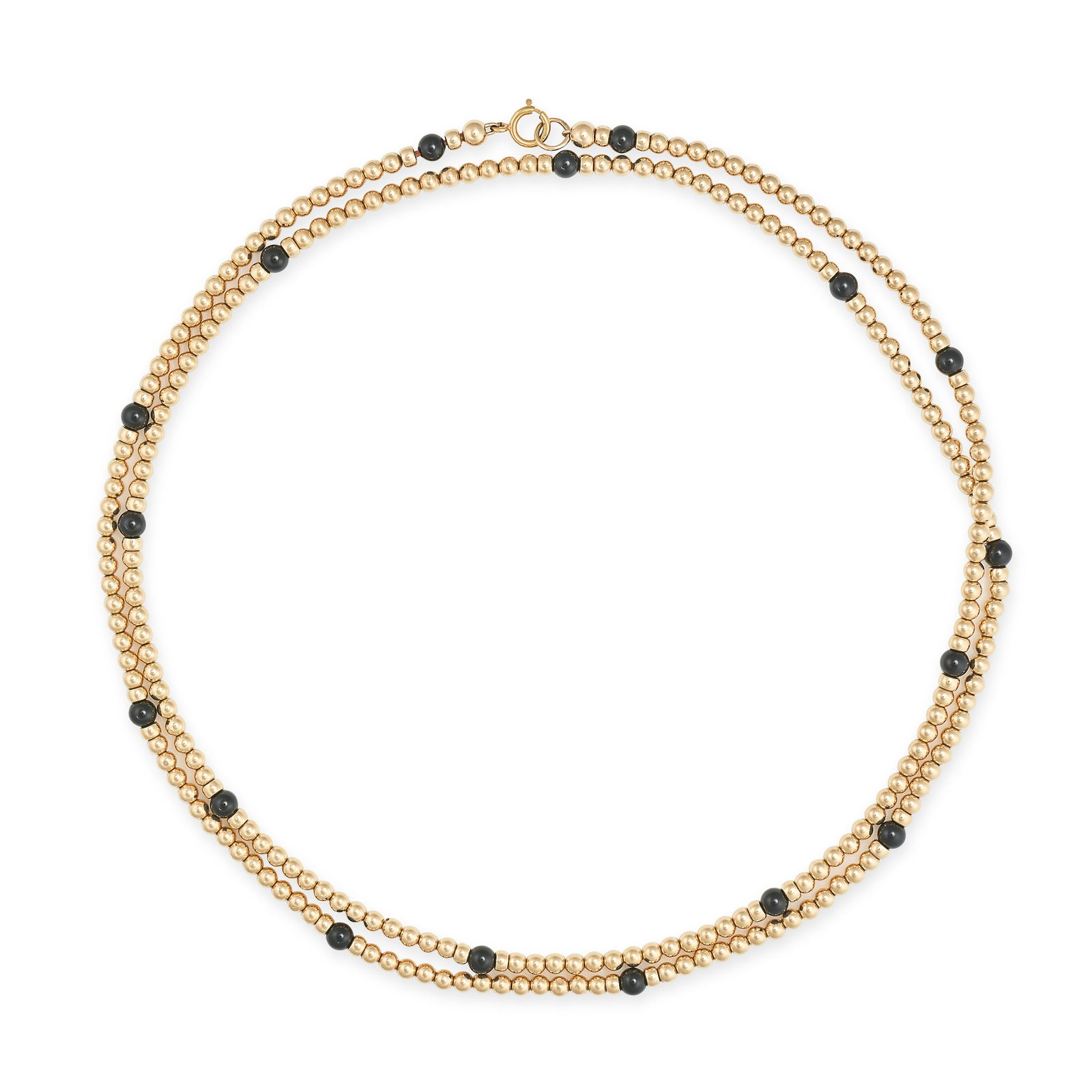 A VINTAGE ONYX AND GOLD BEAD NECKLACE in 14ct yellow gold, comprising a single row of gold beads ... (1 of 1)