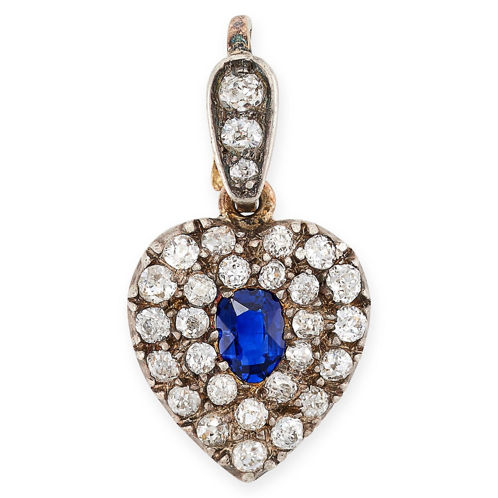 AN ANTIQUE SAPPHIRE AND DIAMOND HEART PENDANT in yellow gold and silver, set to the centre with a... (1 of 1)