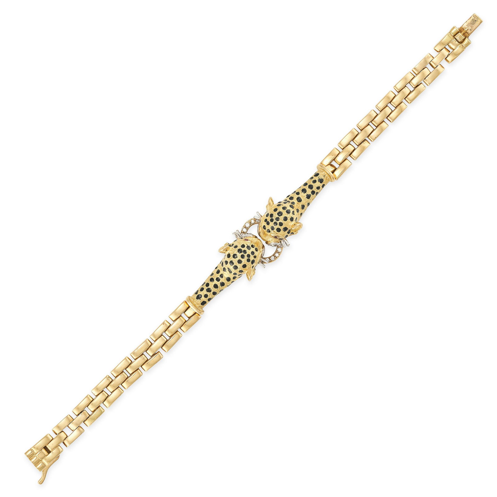 A VINTAGE ENAMEL, DIAMOND AND RUBY CHEETAH BRACELET in 18ct yellow gold, designed as two cheetah ... (1 of 2)