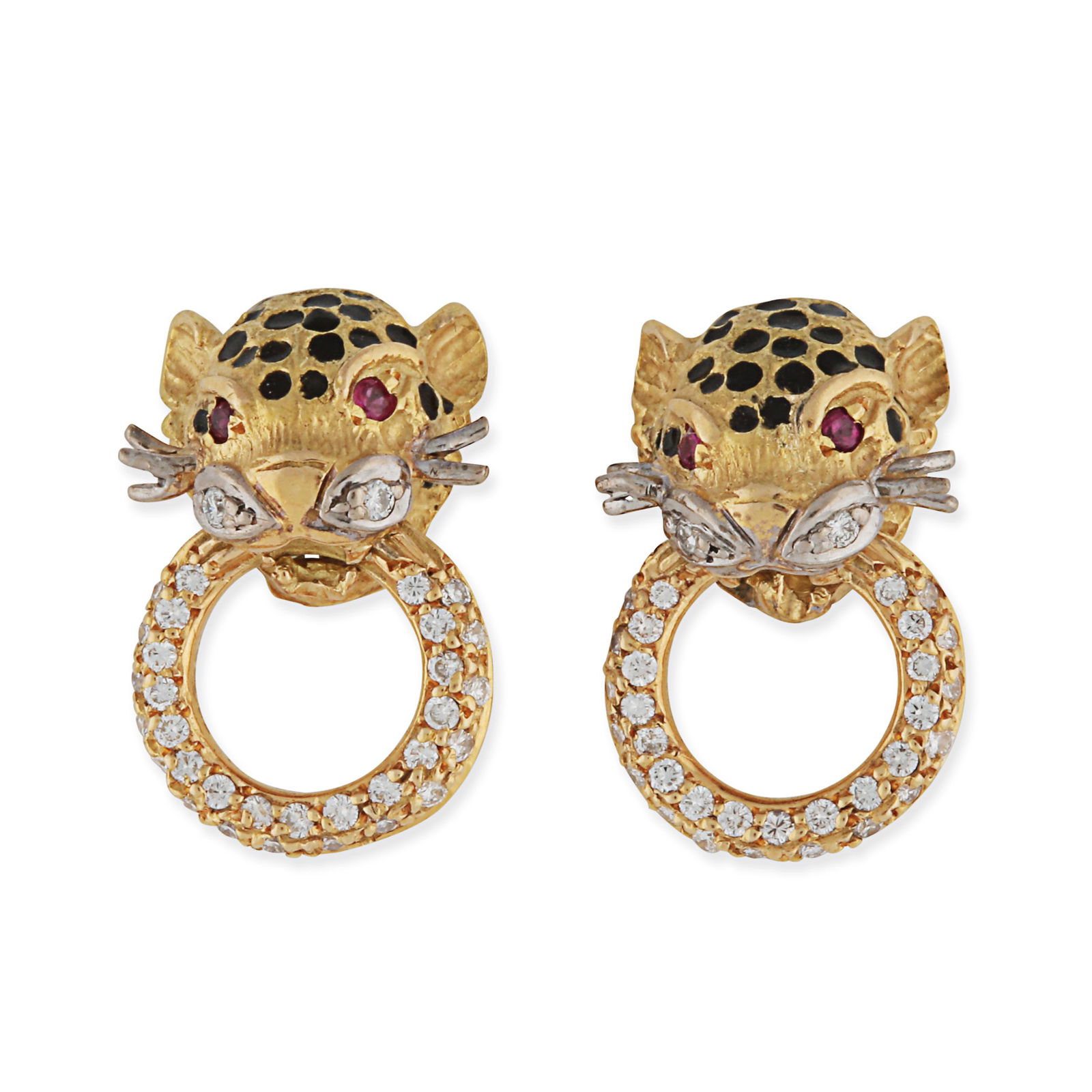 A PAIR OF DIAMOND, RUBY AND ENAMEL CHEETAH EARRINGS in yellow gold, designed as the head of a che... (1 of 1)