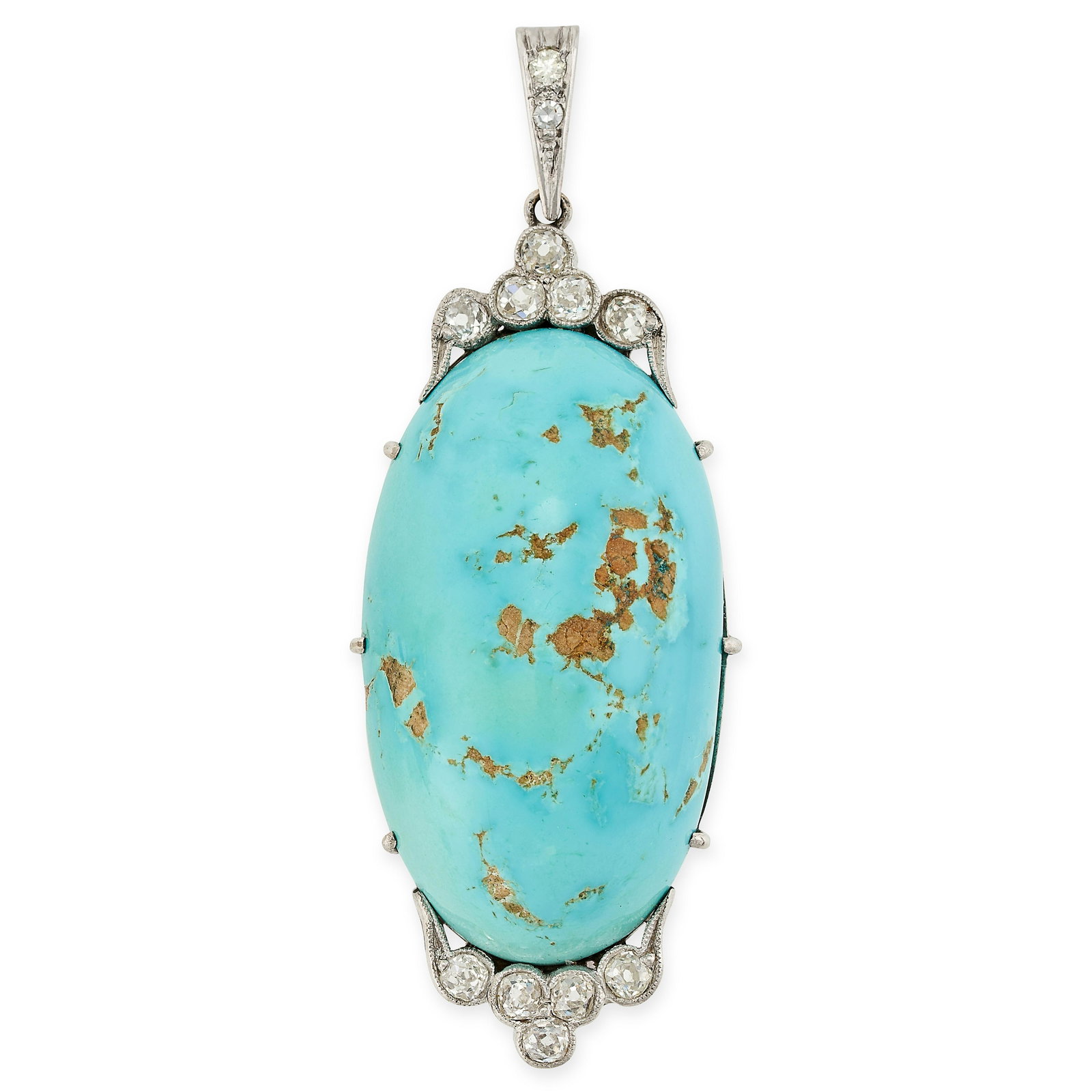 AN ART DECO TURQUOISE AND DIAMOND PENDANT set with an elongated turquoise cabochon of approximately (1 of 1)