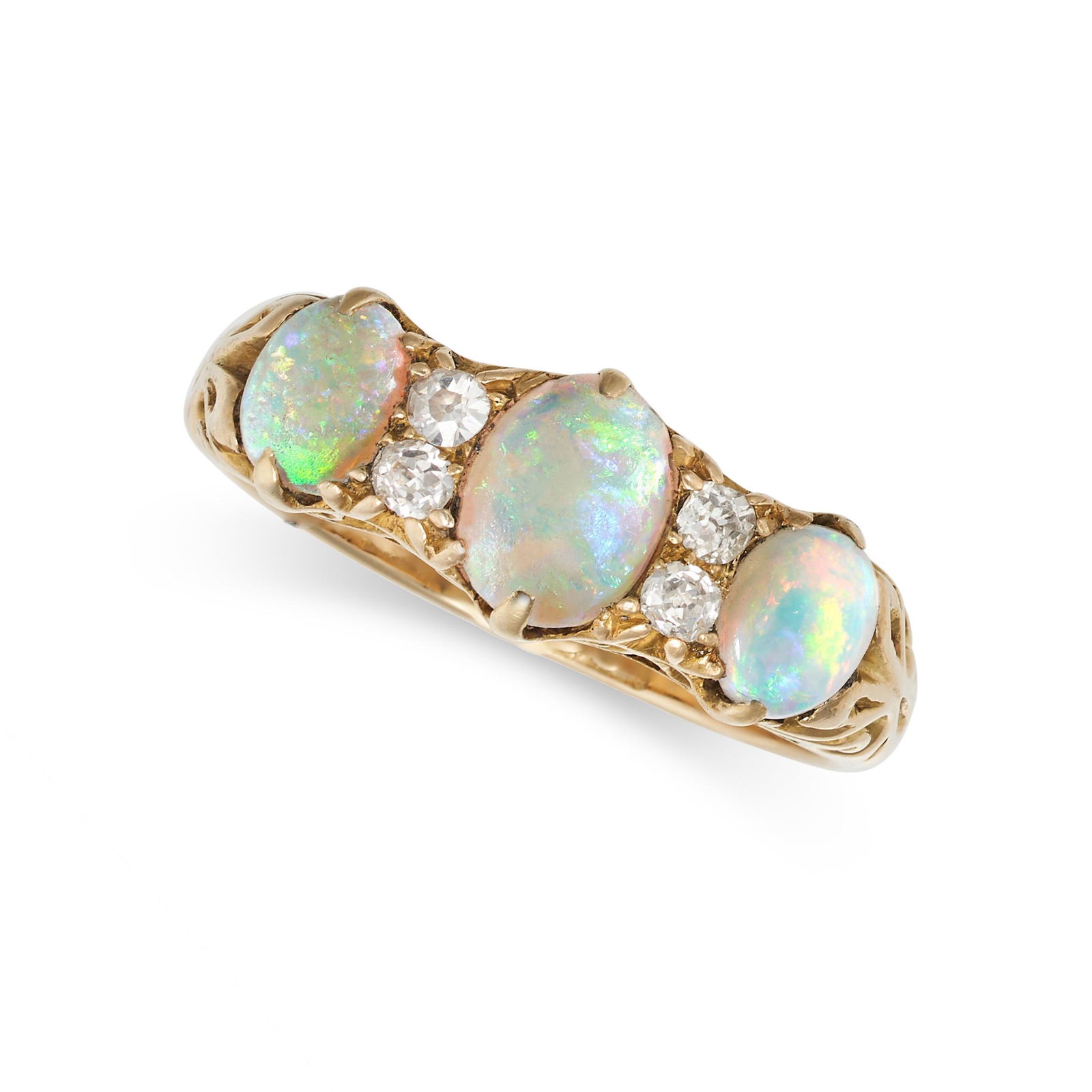 AN ANTIQUE OPAL AND DIAMOND RING in 18ct yellow gold, set with three cabochon opals punctuated by (1 of 2)