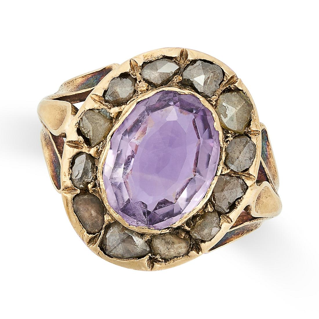 NO RESERVE - AN AMETHYST AND DIAMOND CLUSTER RING set with an oval mixed cut amethyst in a cluster (1 of 1)
