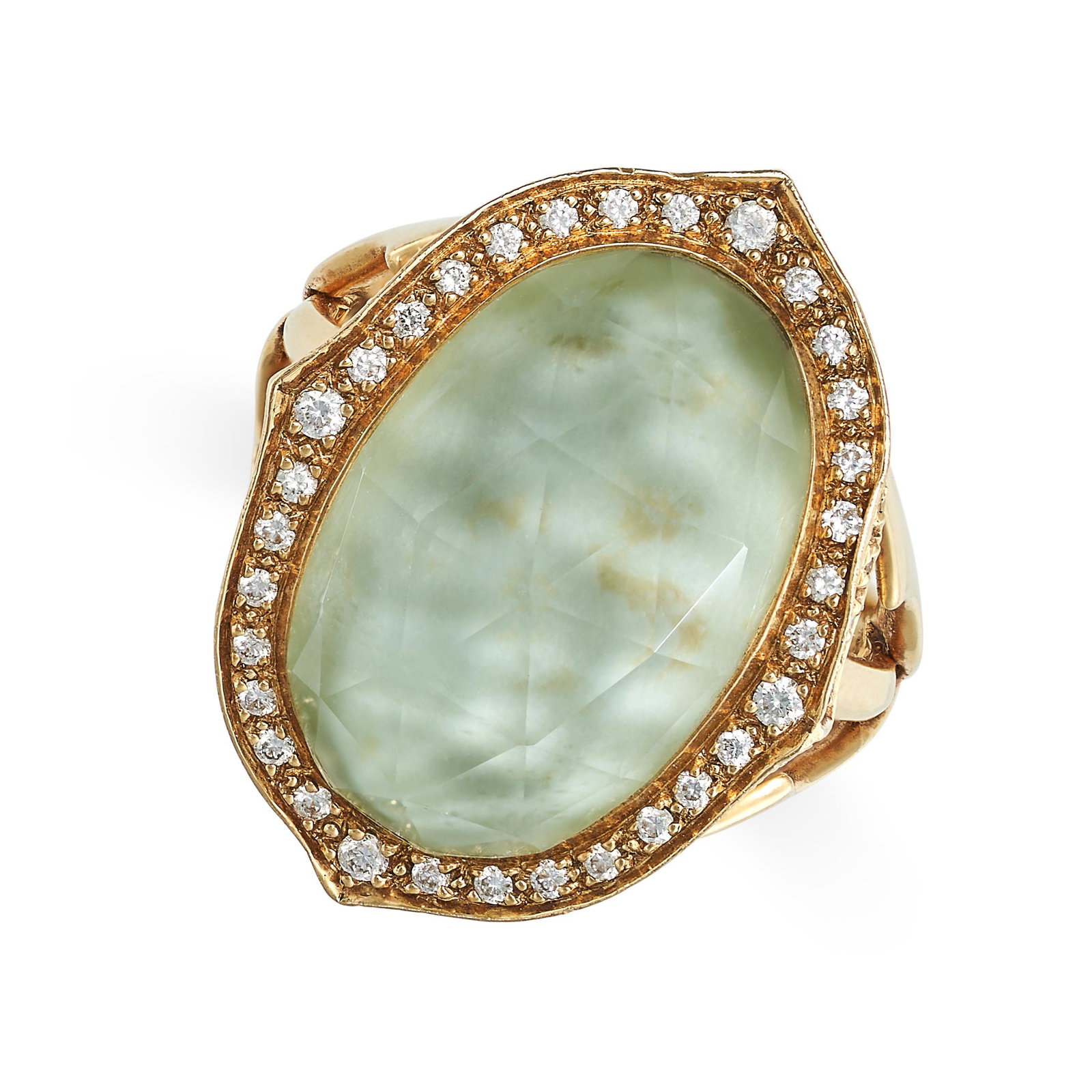 STEPHEN WEBSTER, A ROCK CRYSTAL AND DIAMOND CRYSTAL HAZE DRESS RING in 18ct yellow gold, set with a: STEPHEN WEBSTER, A ROCK CRYSTAL AND DIAMOND CRYSTAL HAZE DRESS RING in 18ct yellow gold, set with a faceted rock crystal dome, accented by round brilliant cut diamonds, SW maker's mark, full British h