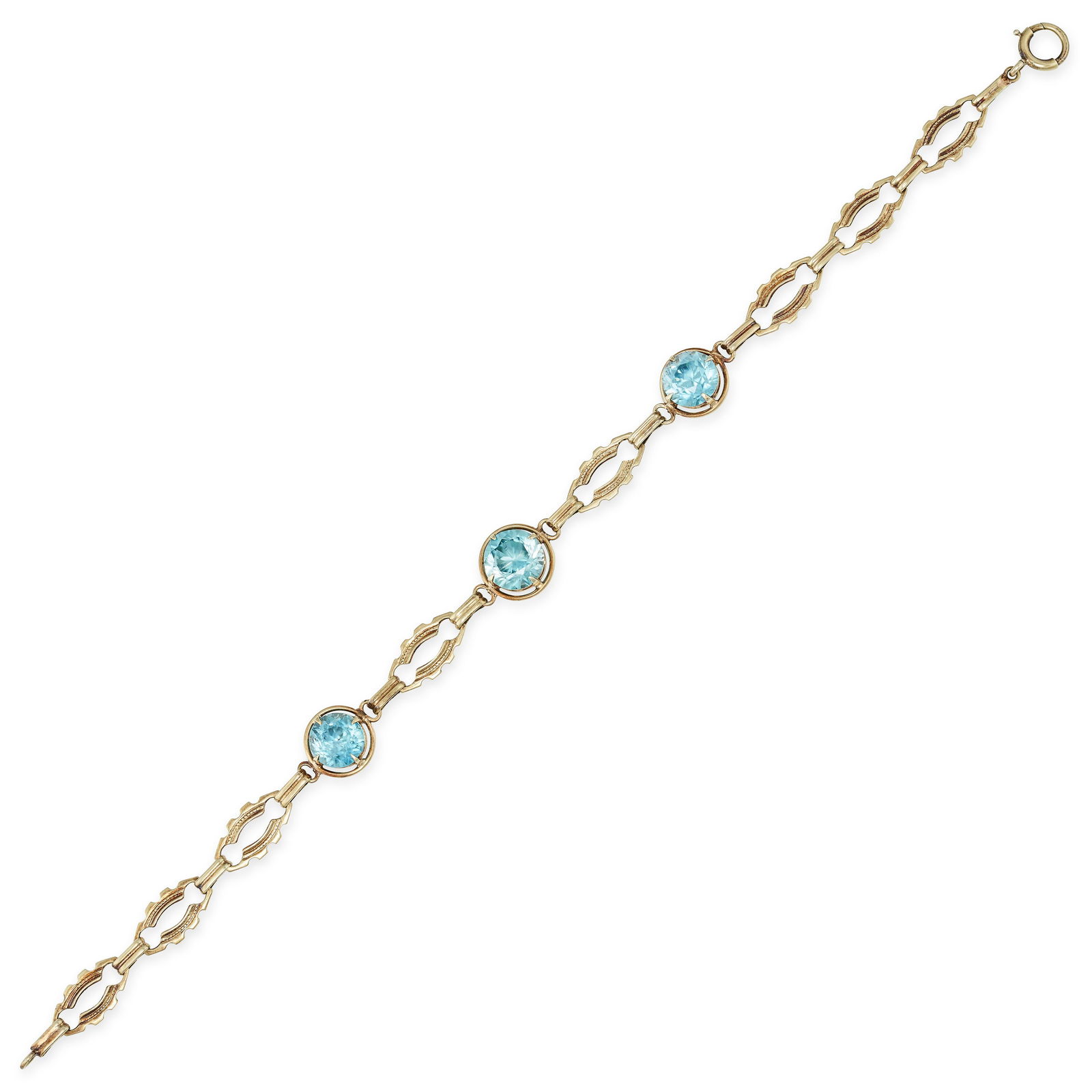 A VINTAGE BLUE ZIRCON BRACELET in 14ct yellow gold, comprising a row of fancy links accented by (1 of 1)
