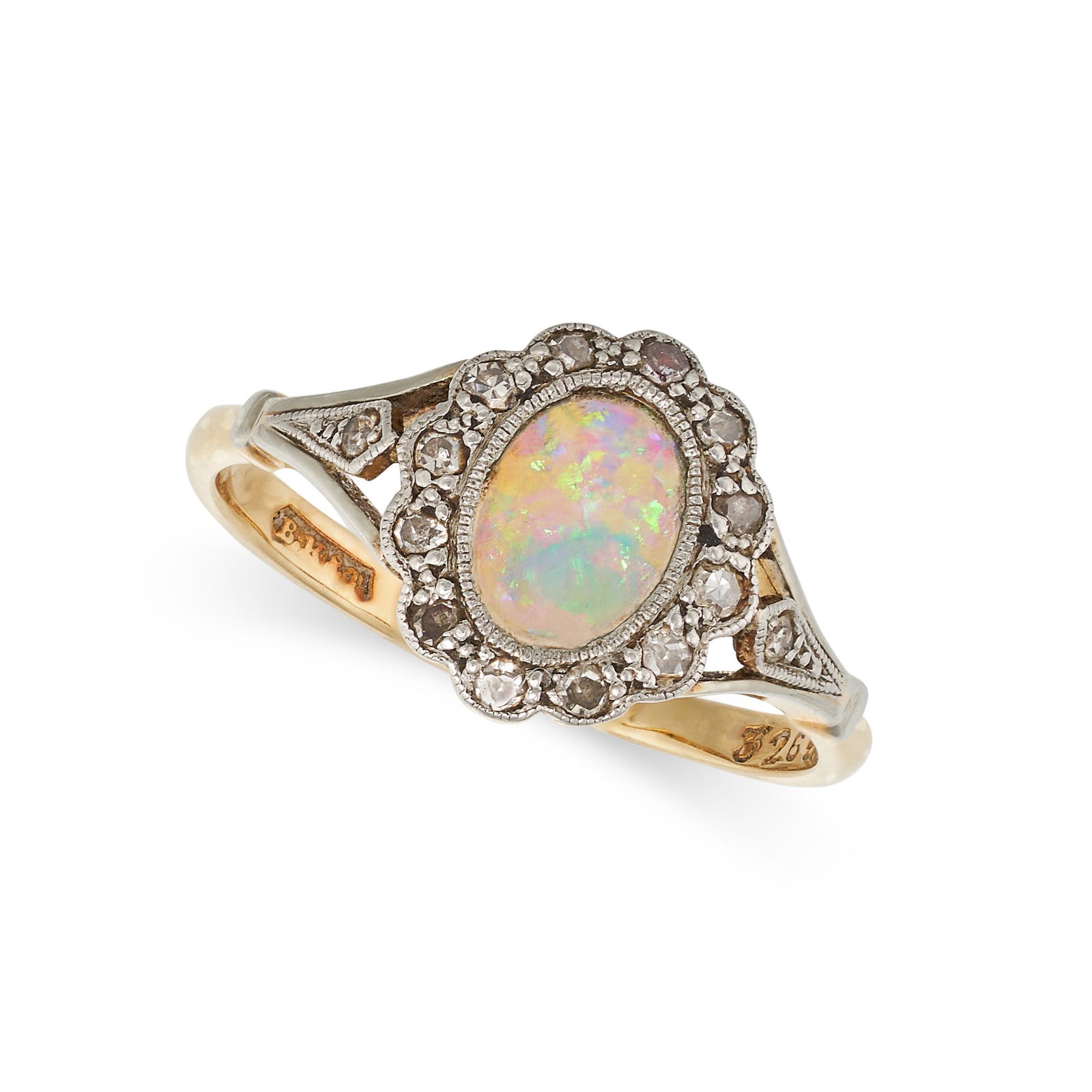 AN ANTIQUE OPAL AND DIAMOND CLUSTER RING in 18ct yellow gold and platinum, set with a cabochon opal (1 of 1)