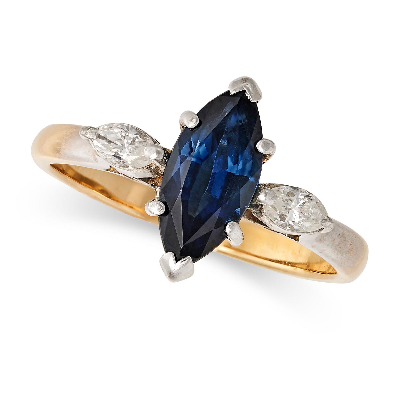 A SAPPHIRE AND DIAMOND THREE STONE RING in 18ct yellow gold, set with a marquise cut sapphire (1 of 1)