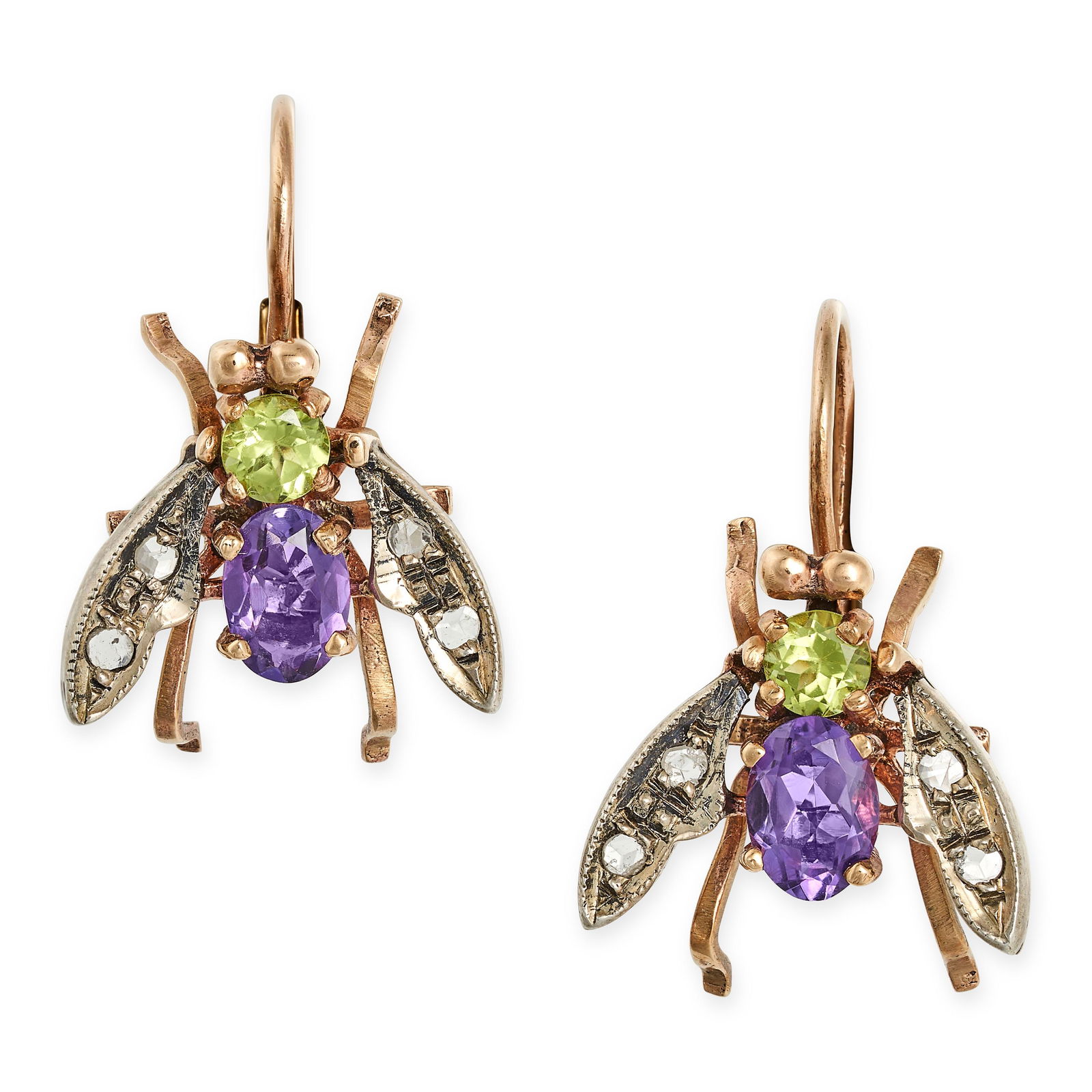 A PAIR OF AMETHYST, PERIDOT AND DIAMOND FLY EARRINGS in yellow gold and silver, each designed as a (1 of 2)