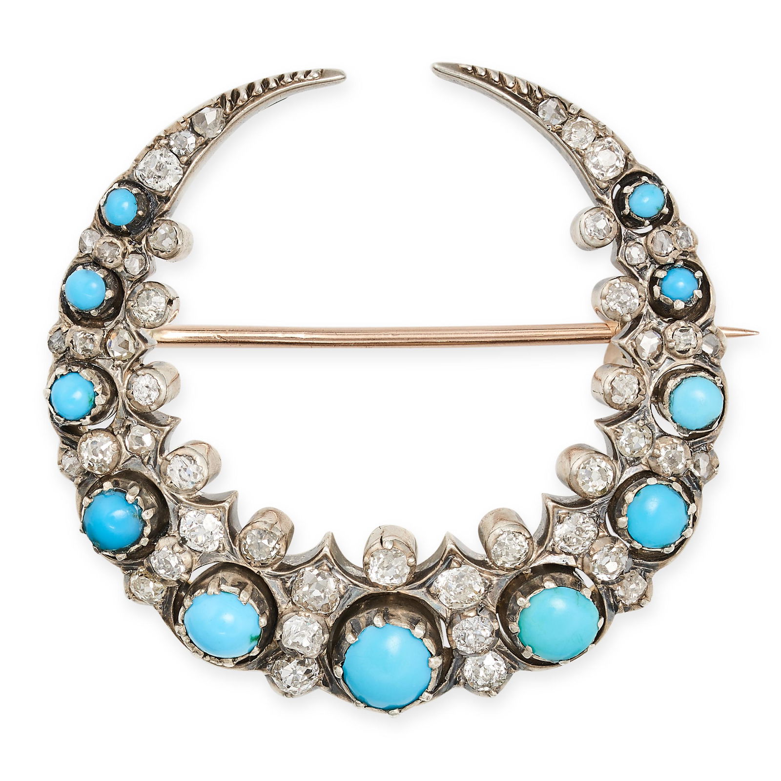 AN ANTIQUE TURQUOISE AND DIAMOND CRESCENT MOON BROOCH designed as a crescent moon, set with cabochon (1 of 1)