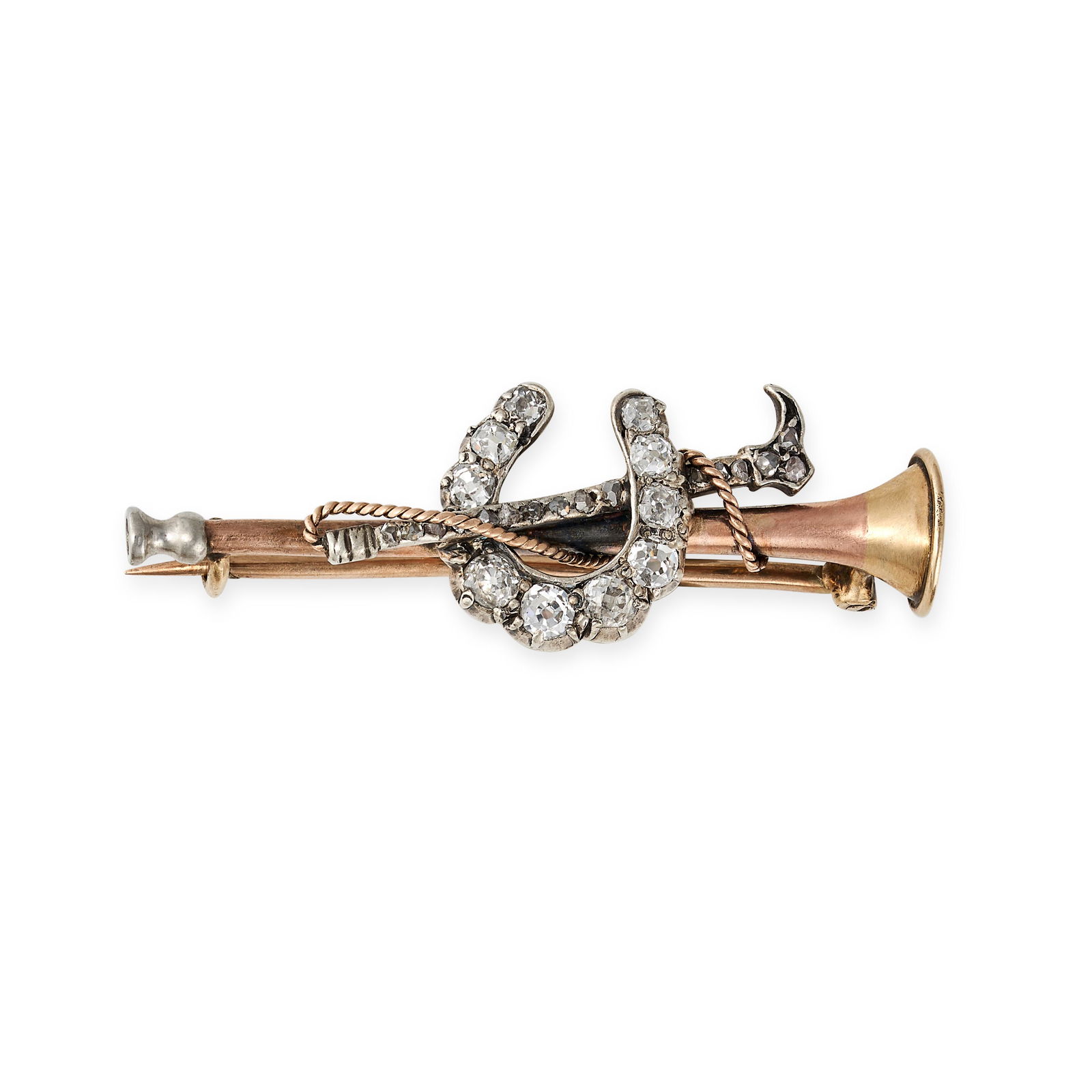 AN ANTIQUE VICTORIAN DIAMOND HUNTING BROOCH in yellow gold and silver, designed as a horn with an (1 of 1)