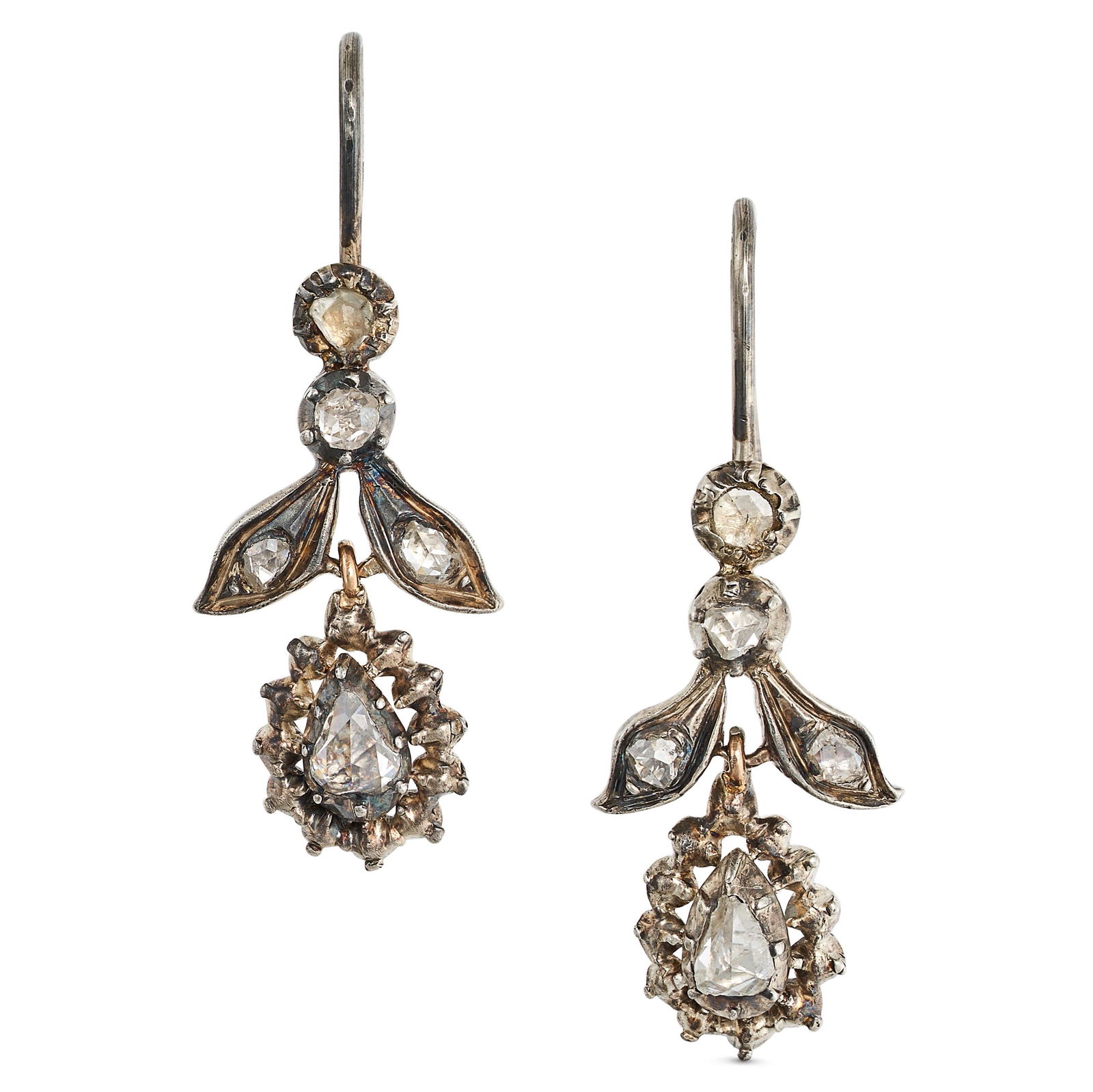 A PAIR OF ANTIQUE DIAMOND DROP EARRINGS each set with rose cut diamonds suspending a pear shaped (1 of 1)