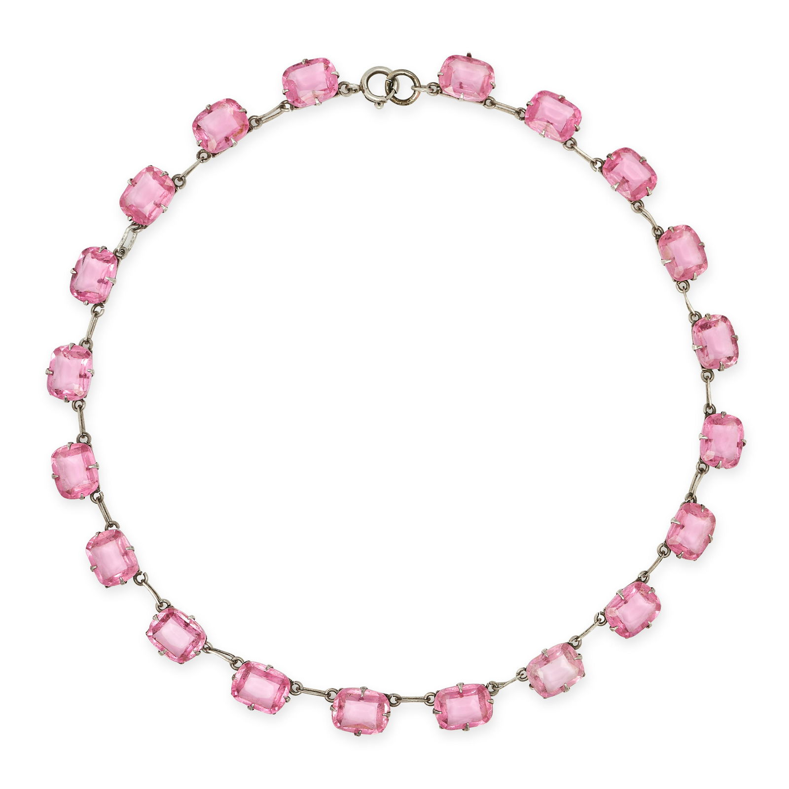 NO RESERVE - A PINK PASTE RIVIERE NECKLACE in silver, comprising a row of cushion cut pink paste (1 of 1)