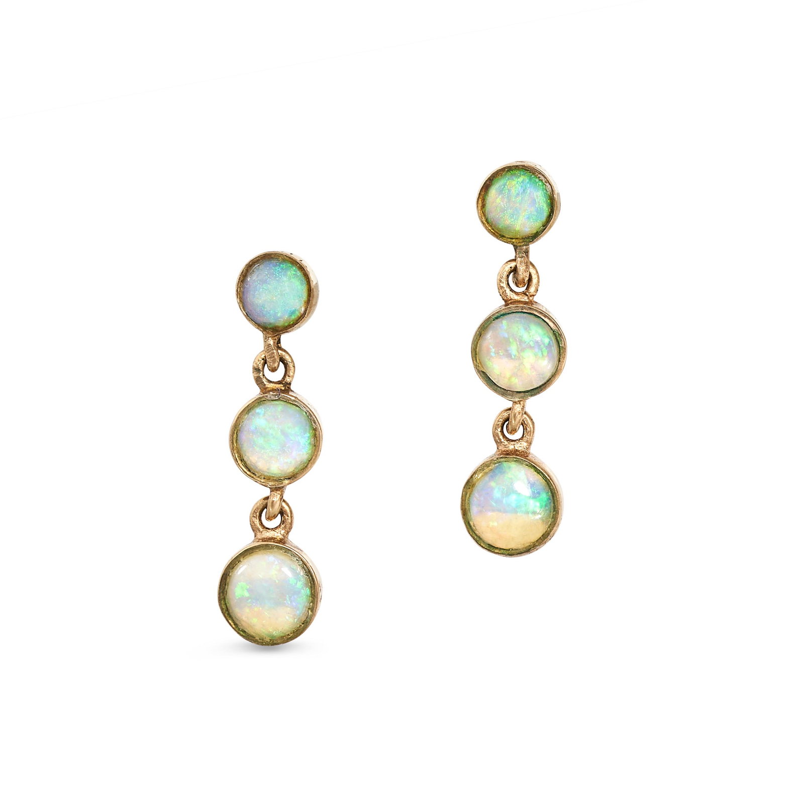 A PAIR OF VINTAGE OPAL DROP EARRINGS in 9ct yellow gold, each set with three round cabochon opals, (1 of 1)