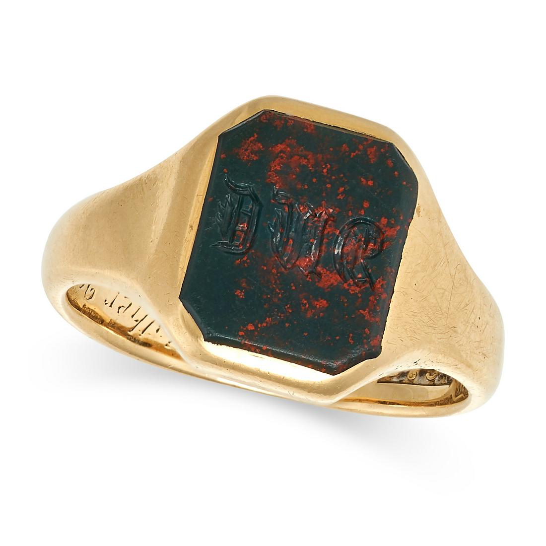 A VINTAGE BLOODSTONE SIGNET RING in 18ct yellow gold, set with an octagonal polished bloodstone with (1 of 1)