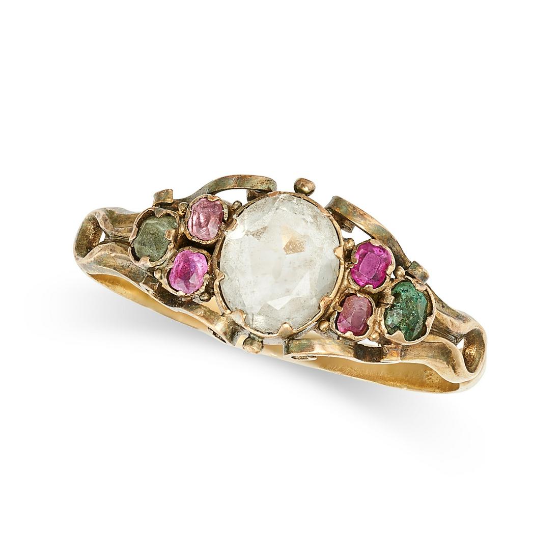 AN ANTIQUE GEORGIAN AQUAMARINE, RUBY AND EMERALD RING in yellow gold, set with an oval cut (1 of 2)