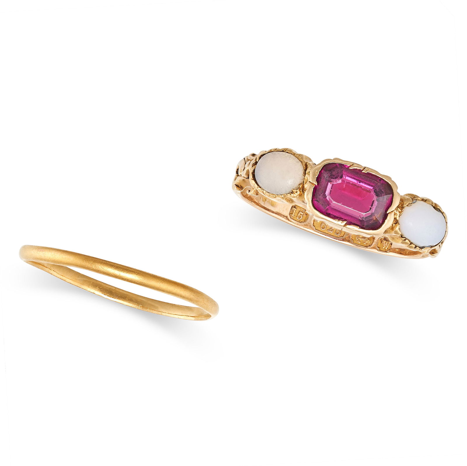 AN ANTIQUE GARNET AND OPAL RING in 15ct yellow gold, set with a cushion cut garnet between two (1 of 2)
